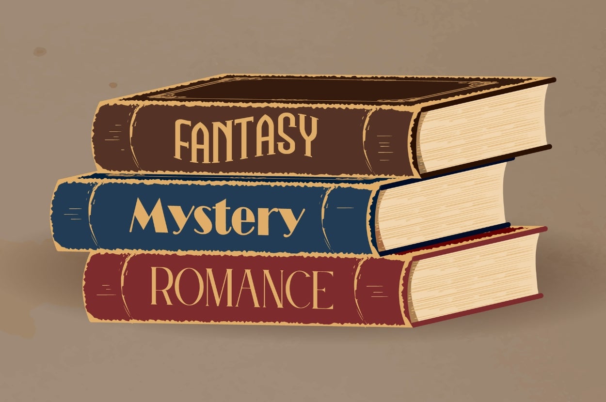 Three stacked books labeled Fantasy, Mystery, and Romance, representing different literary genres