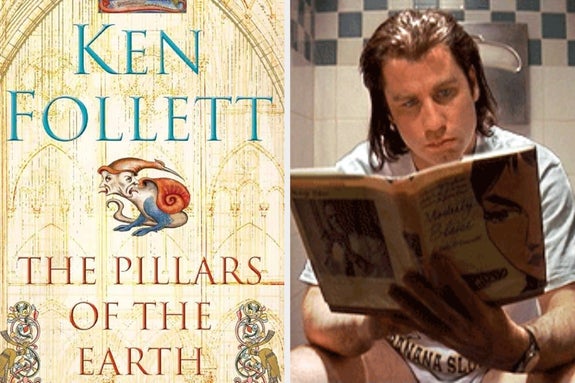 Book cover of "The Pillars of the Earth" by Ken Follett next to a person reading on a toilet