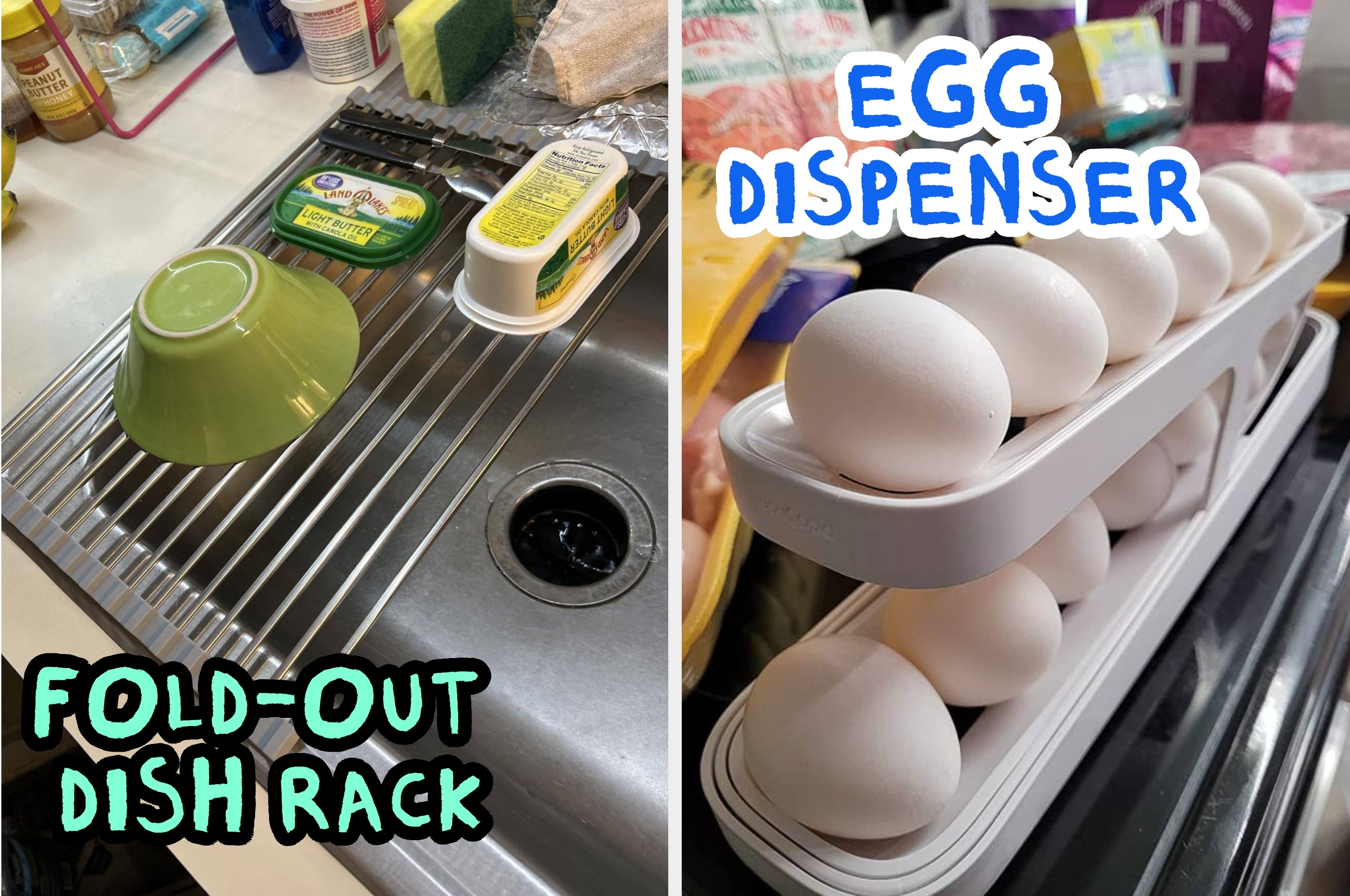 A fold-out dish rack with a green bowl and butter, and an egg dispenser stacked with eggs on a counter