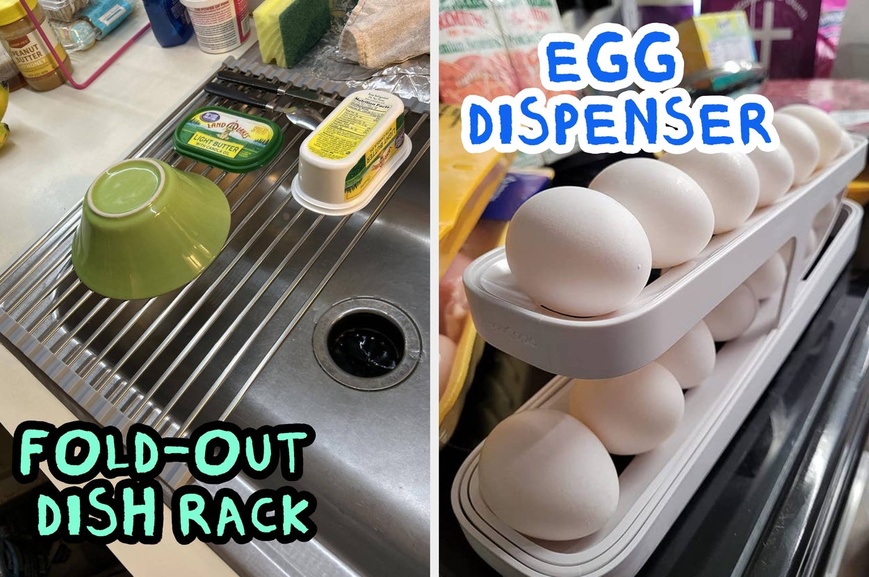 A fold-out dish rack with a green bowl and butter, and an egg dispenser stacked with eggs on a counter