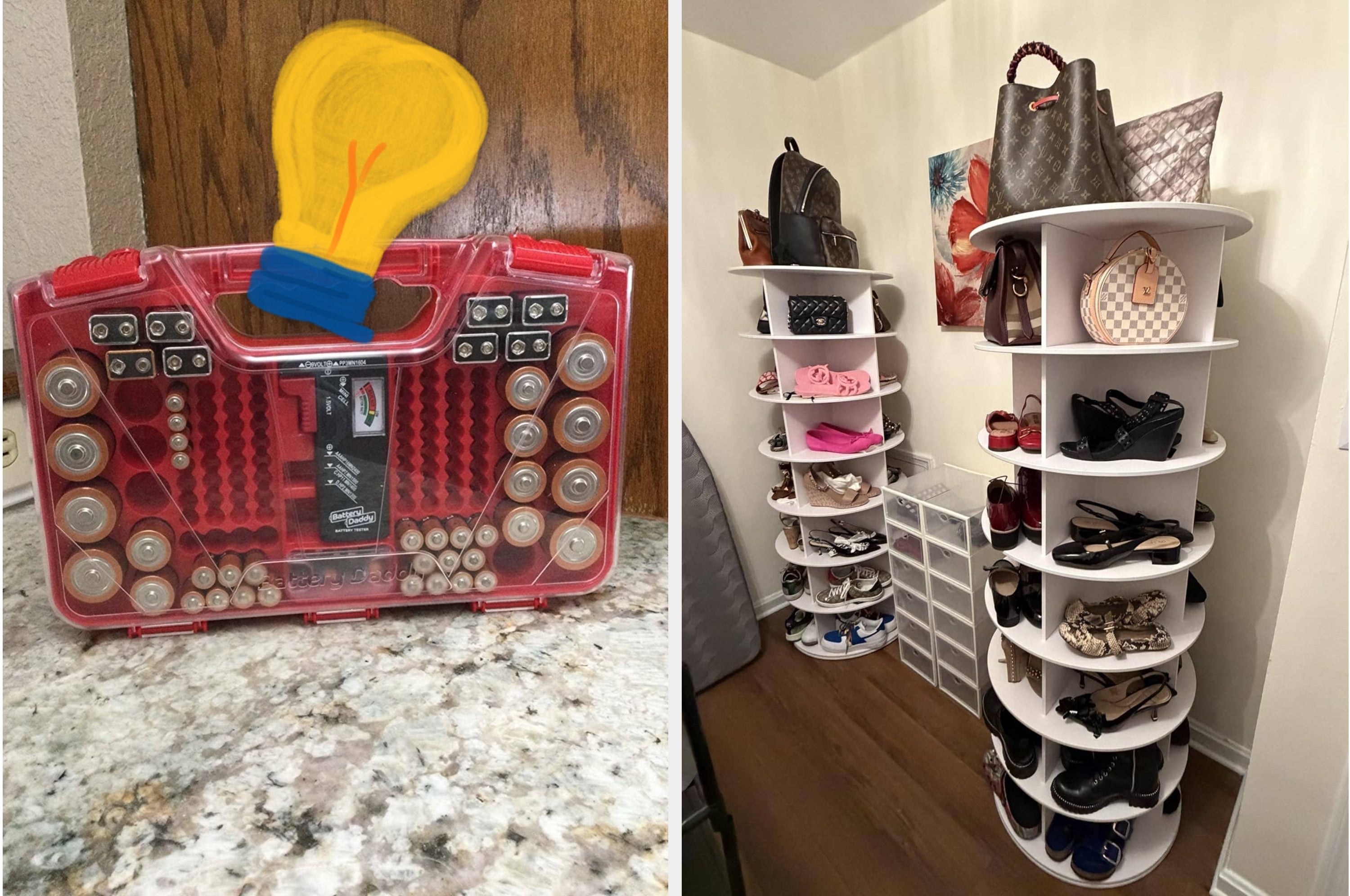 Left: Red plastic drill bit organizer with various bits. Right: Rotating shelves displaying handbags and shoes in a closet