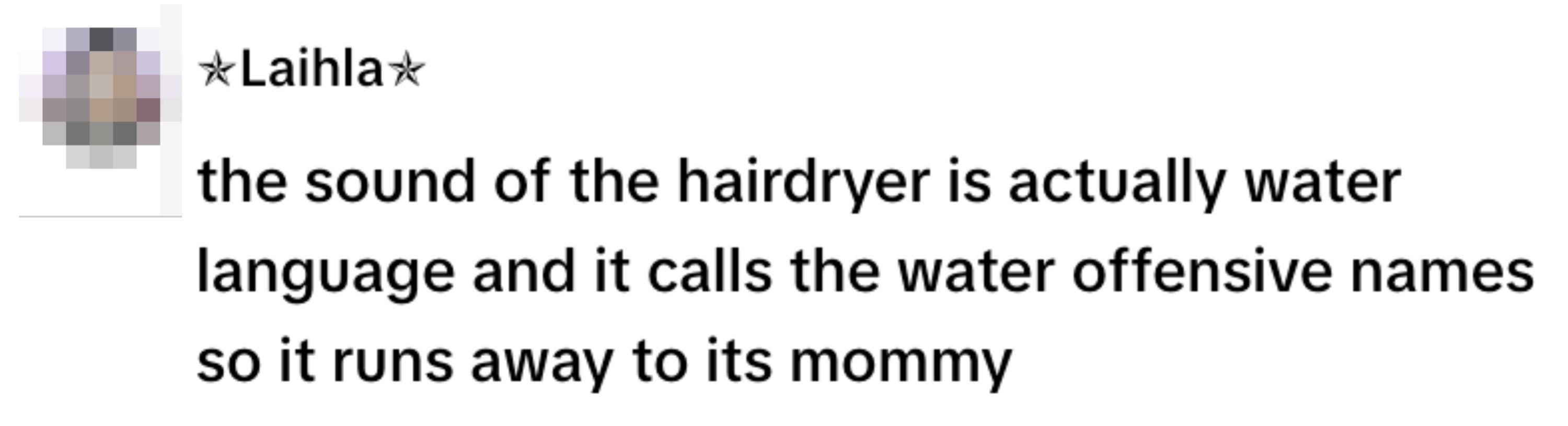Humorous text about a hairdryer using "water language" to offend water, causing it to run away