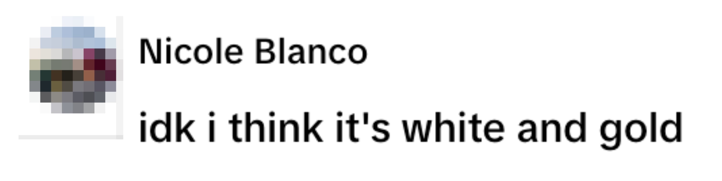 Profile picture of a person next to text saying, "idk i think it's white and gold."