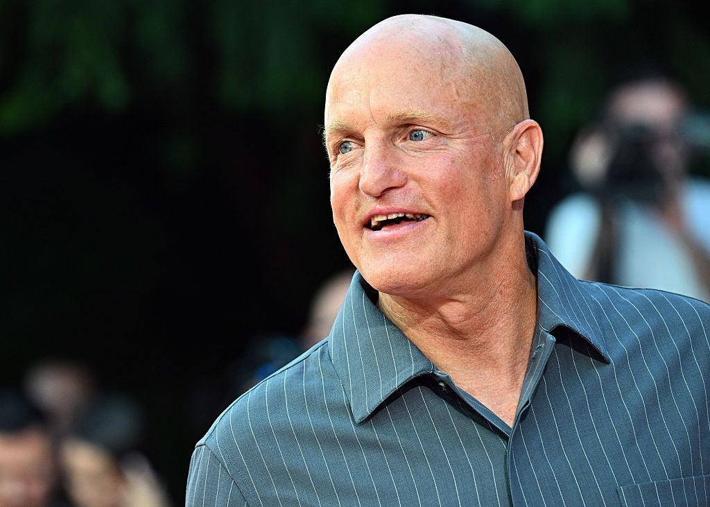 A person in a pinstripe shirt smiles on a red carpet, with photographers blurred in the background