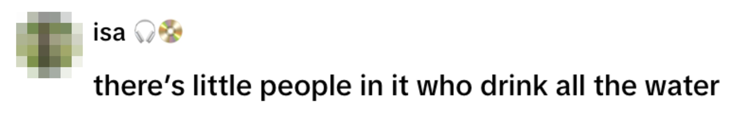 Comment saying, "there’s little people in it who drink all the water," with a user name and icon