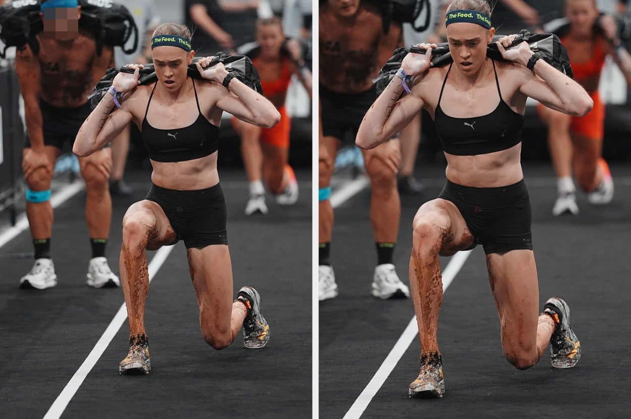 Athlete performing weighted lunges in a competition, focused and determined