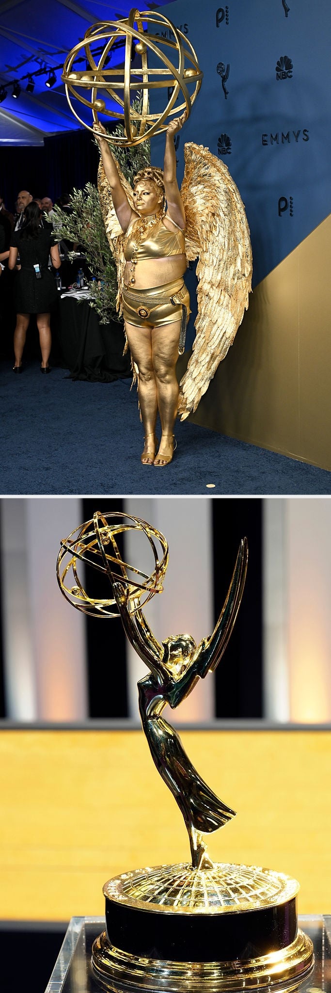 Meg in gold, winged costume holding golden sphere at event; close-up of Emmy statue
