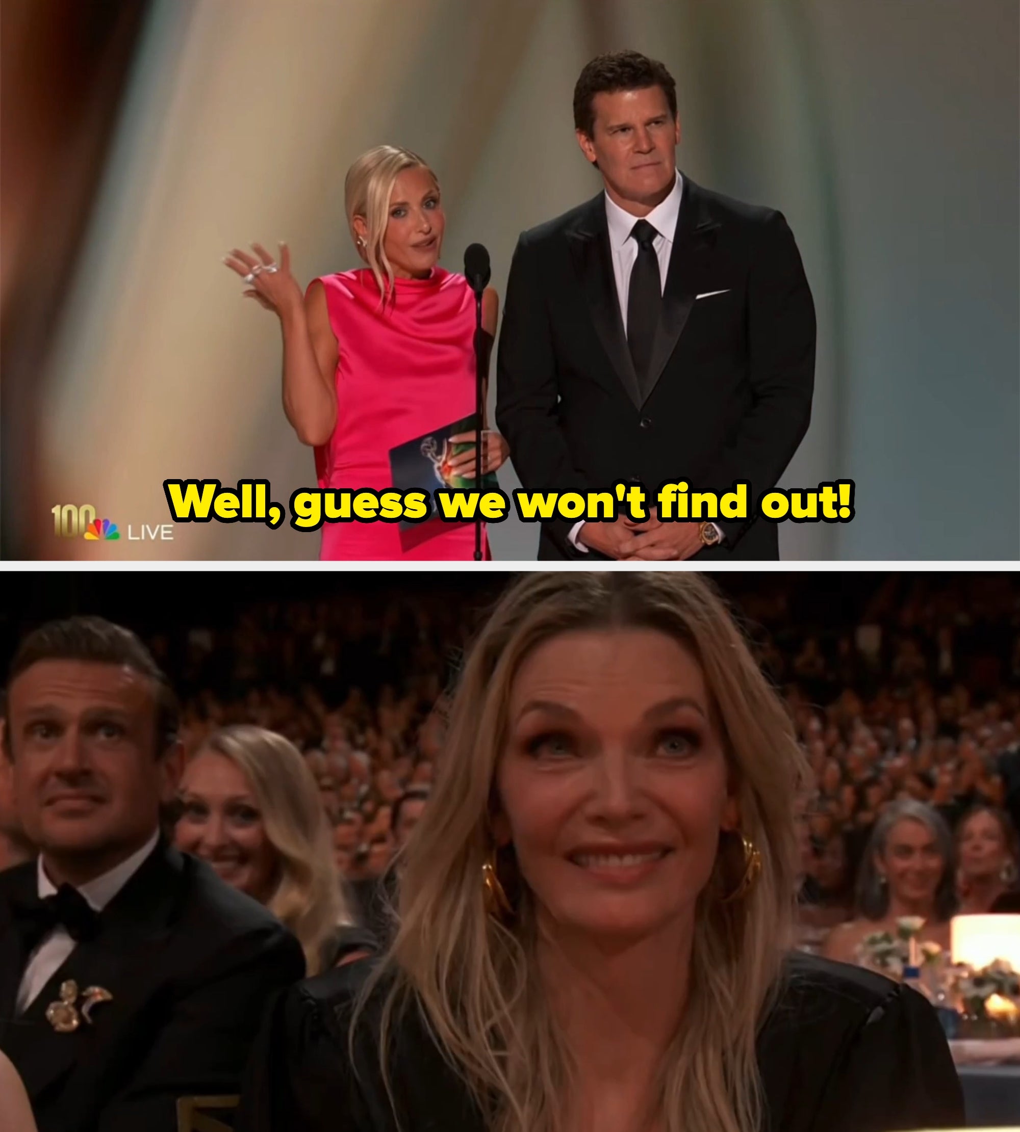 Two people on stage at an event; one wears a formal suit, and the other wears a stylish dress with a mock turtleneck