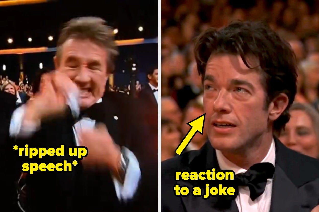 Two men at an awards event; one reacting animatedly, the other appearing surprised by a joke. Text: "ripped up speech" and "reaction to a joke."