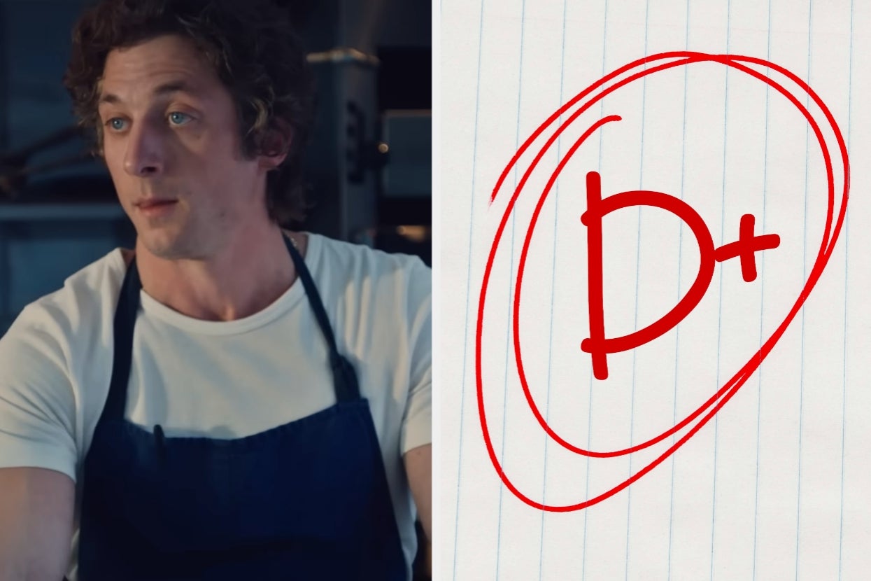 Split image of Jeremy Allen White in "The Bear" and a circled D+ grade in red pen on lined paper