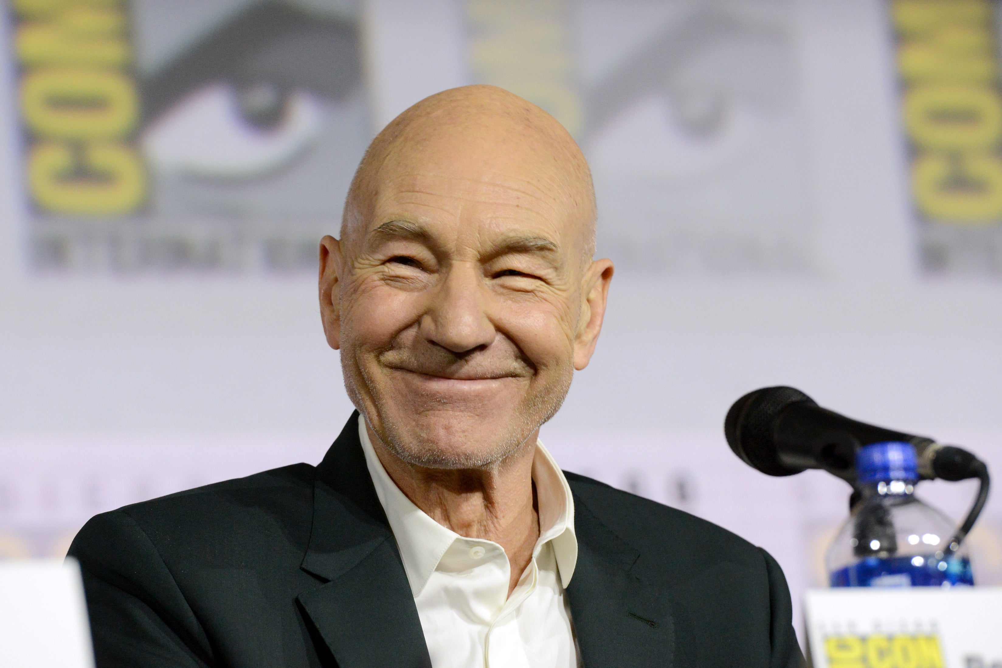 Person smiling at a Comic-Con panel with a backdrop featuring iconic logos