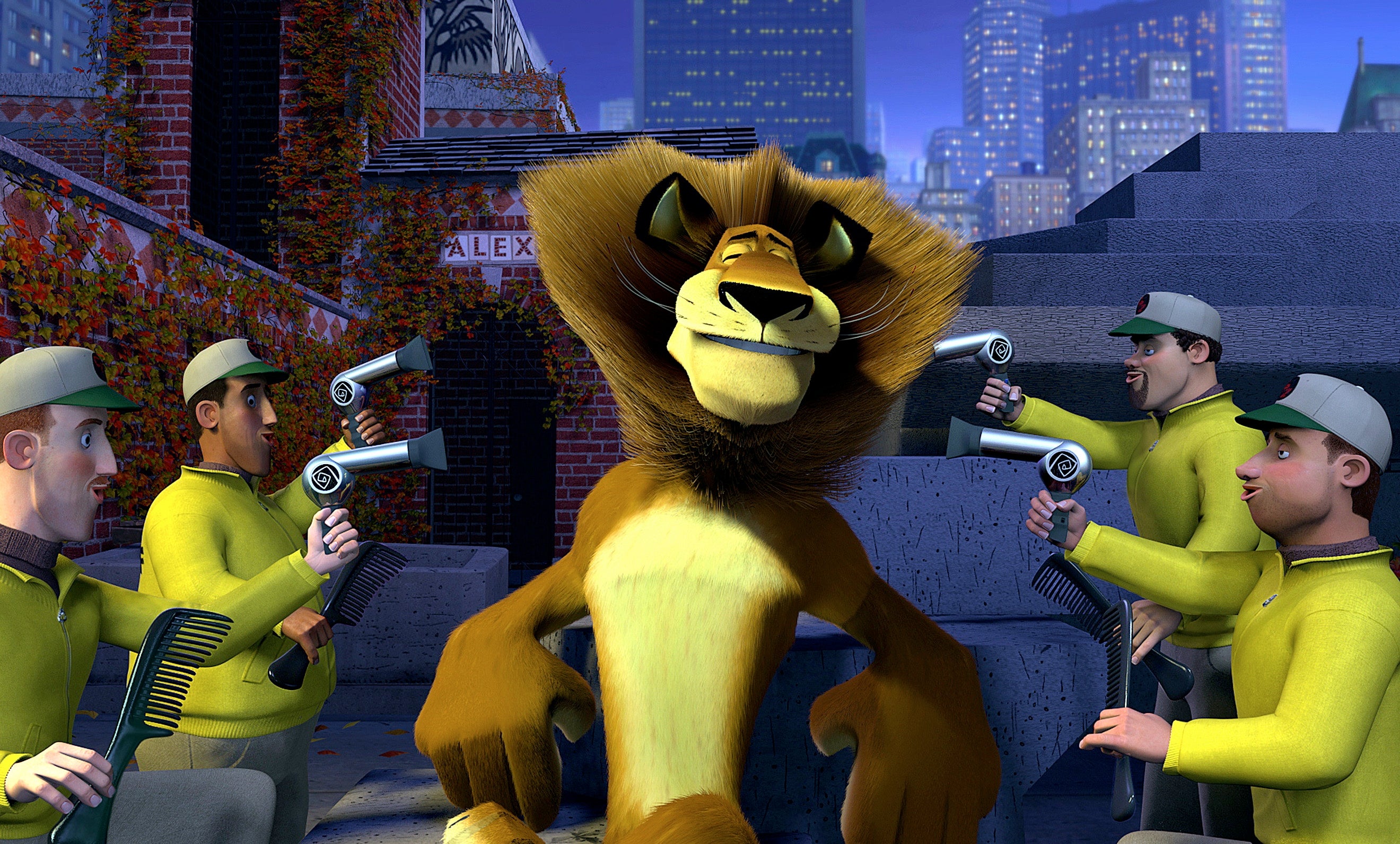 Animated lion being interviewed by reporters with microphones on a city street. The setting has an urban backdrop with buildings
