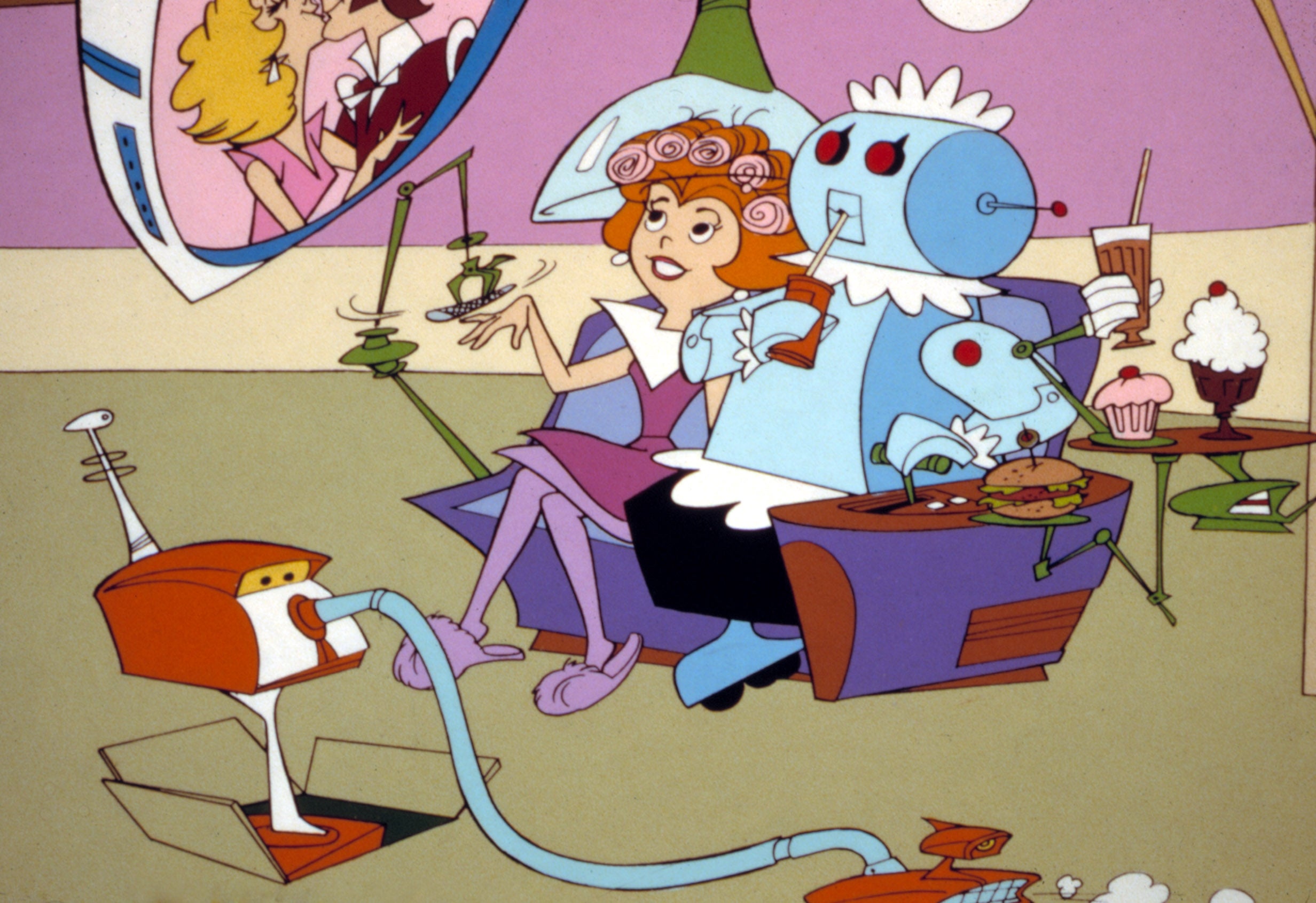 A futuristic scene with an animated woman getting pampered by a robot assistant, who serves burgers and drinks