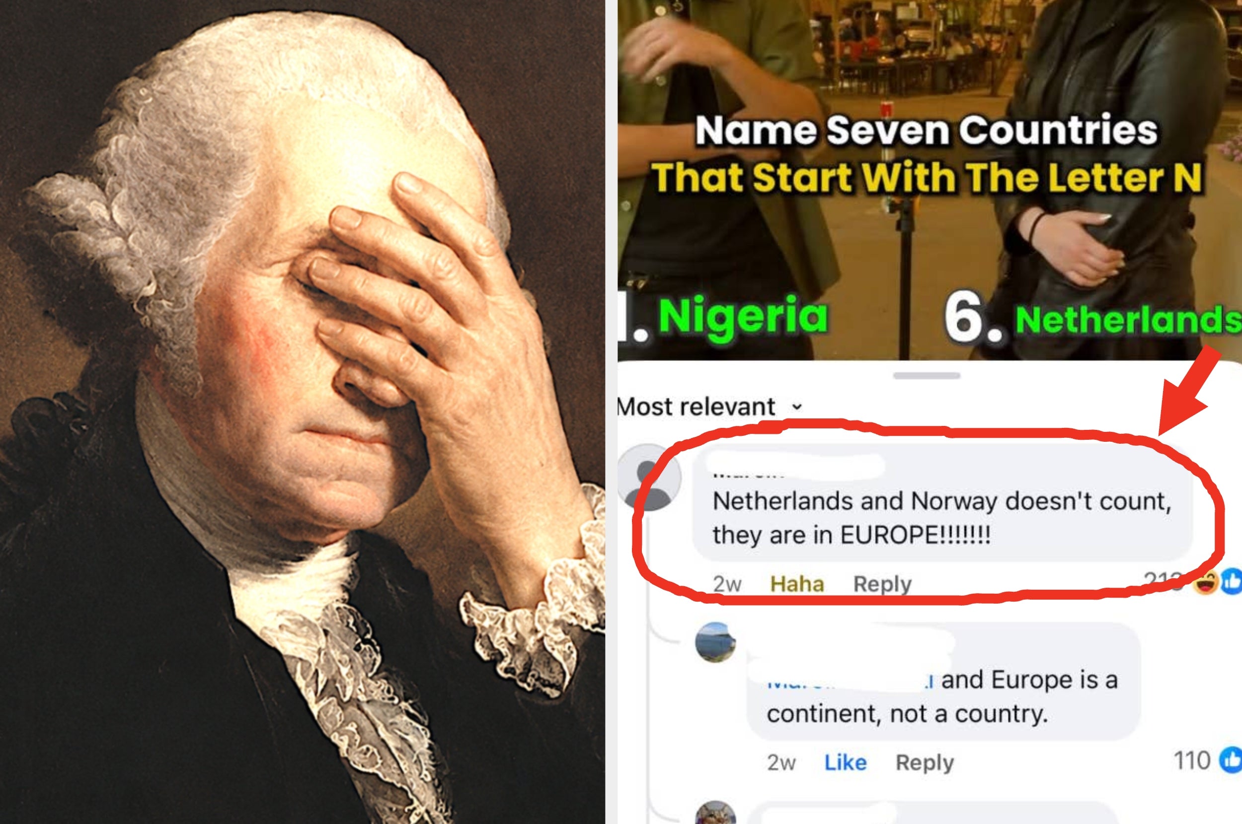Portrait of a person facepalming next to a social media post misunderstanding countries in Europe