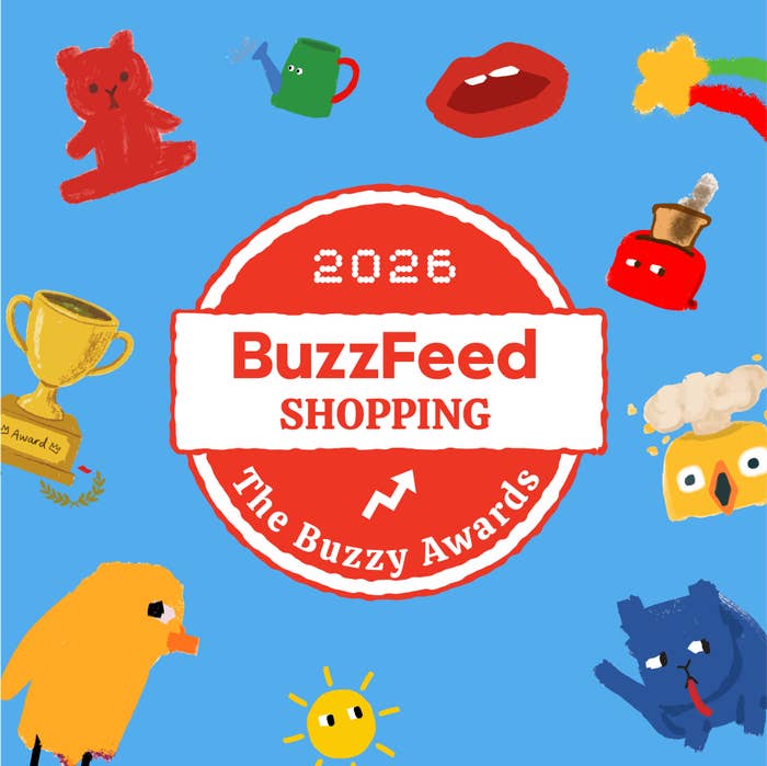 BuzzFeed Shopping: The Buzzy Awards 2026. Cartoon characters and icons surround a central badge