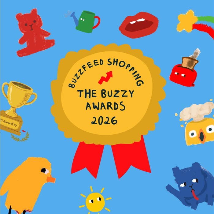 Animated illustration with BuzzFeed Shopping "The Buzzy Awards 2026" seal surrounded by whimsical cartoon characters and objects