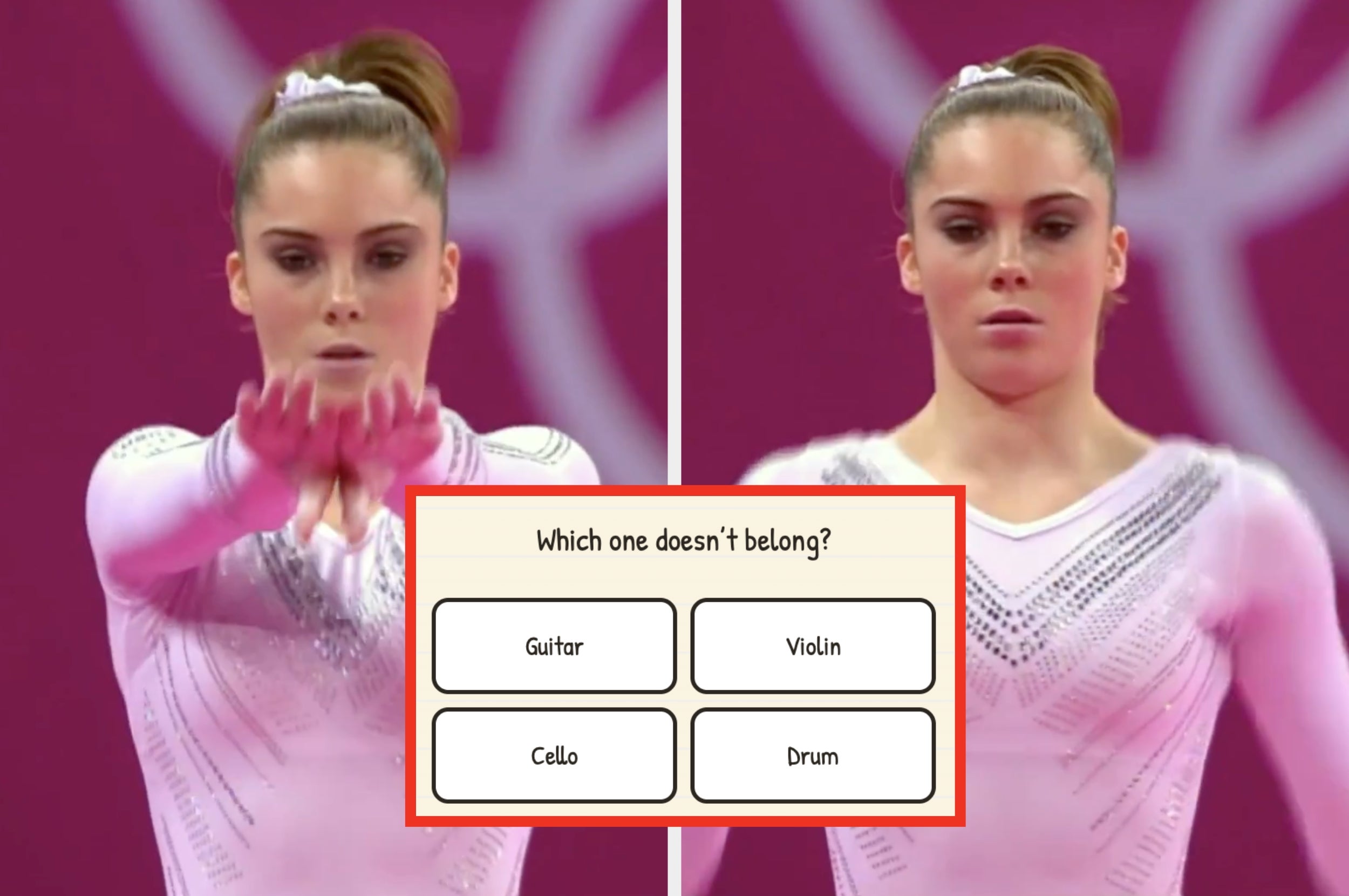 Two gymnasts in performance attire, focused. A quiz overlay asks, "Which one doesn't belong?" Options: Guitar, Violin, Cello, Drum