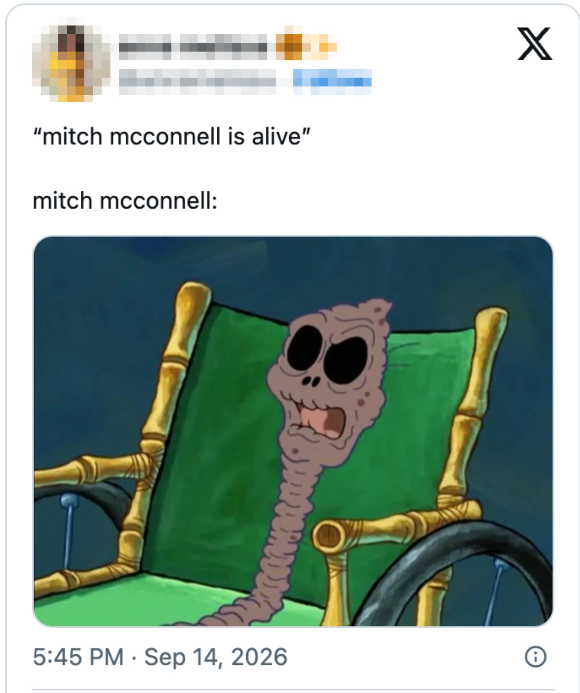 Tweet med en tekstvits om Mitch McConnell, med et tegneserieskjelett i en stol