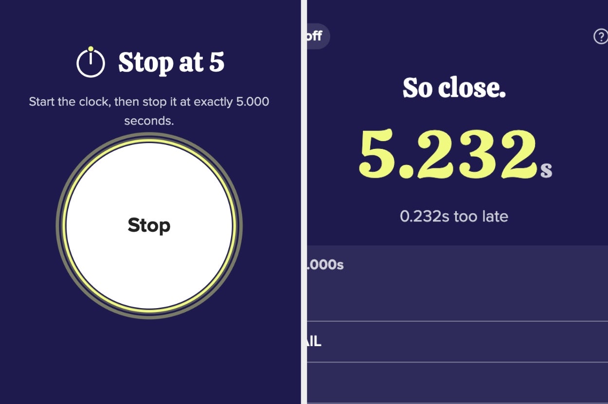 Split image of a timing game. Left: Instructions to stop at 5 seconds. Right: Result shows 5.232 seconds, slightly off target