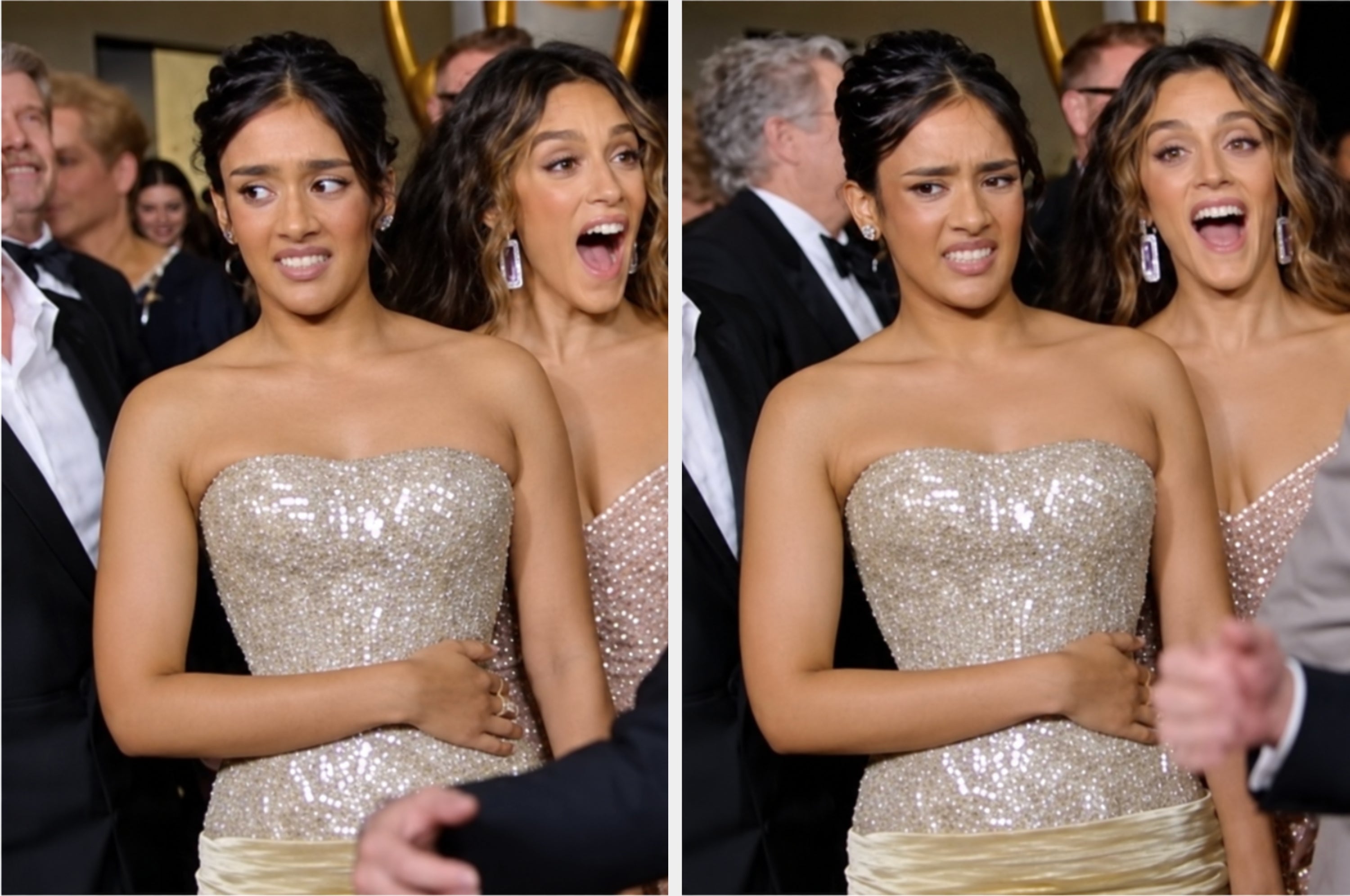 Two women pose at an event. The woman in front wears a strapless gown and looks unsettled. The woman behind her looks surprised and animated