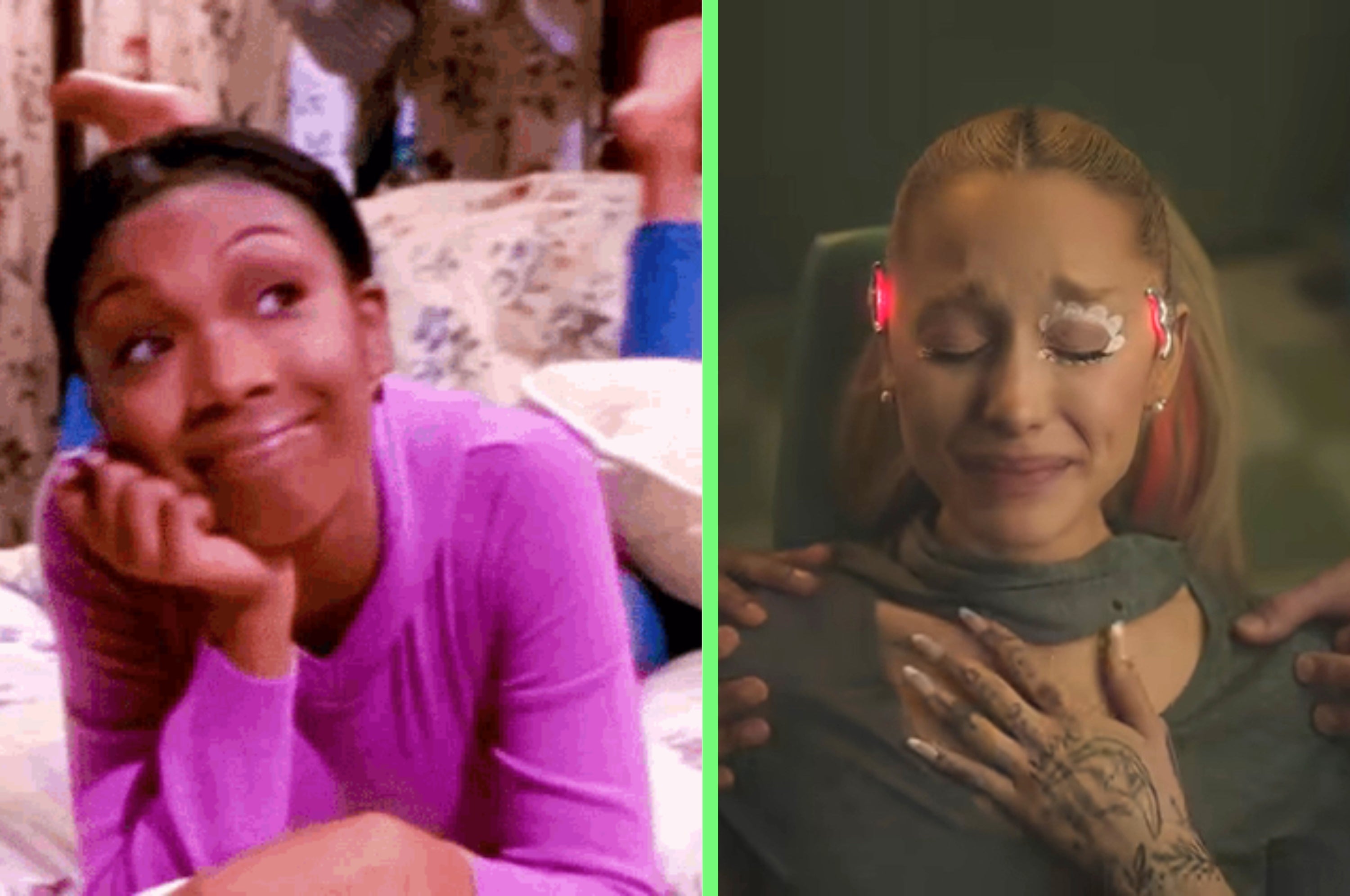 Two images: Left, smiling person relaxing on blankets. Right, person with futuristic accessories, emotional expression, tattooed hand over chest