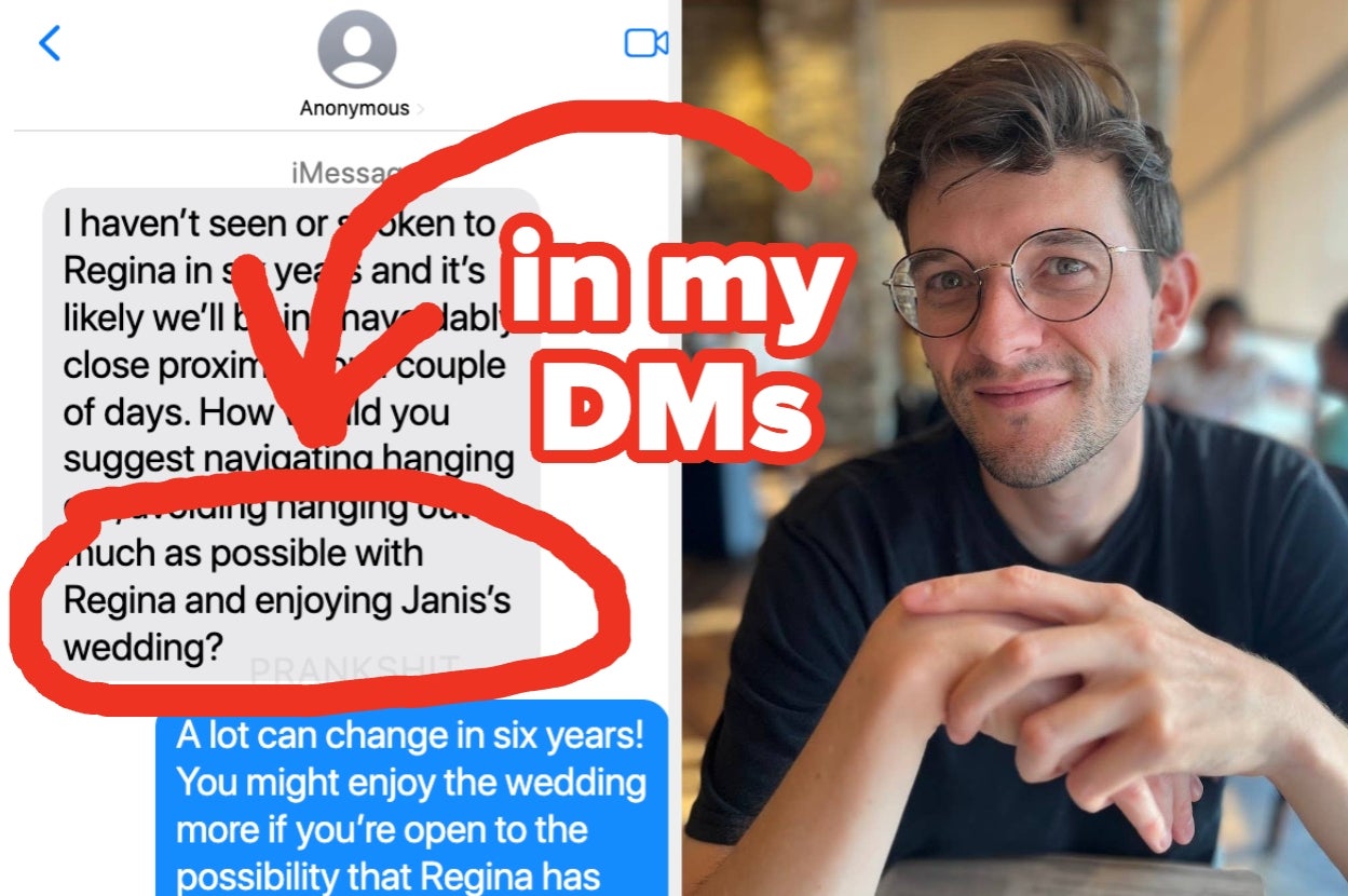 A text message screenshot with a large red arrow and caption "in my DMs," referring to contacting someone named Regina about a wedding. Person pictured right