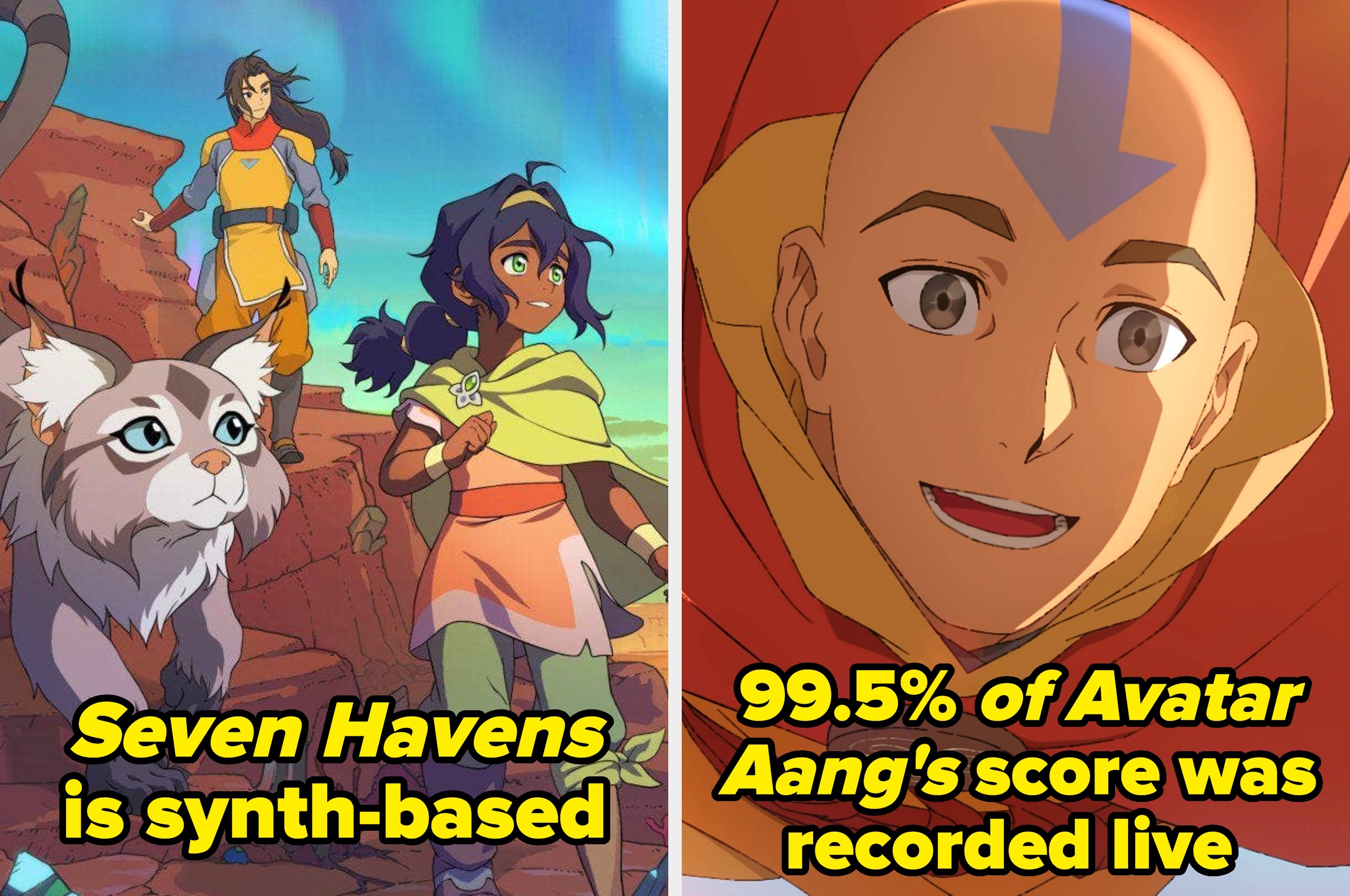 Split image: Left shows animation scene with characters on a hill; right shows a bald character with an arrow tattoo. Text: "The score of Seven Havens is synth based."