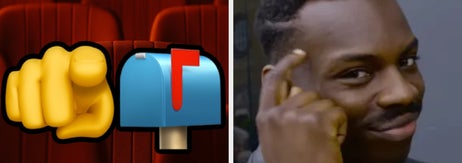 Meme with a pointing emoji, mailbox emoji, and a thoughtful man tapping his head, suggesting a clever idea or solution