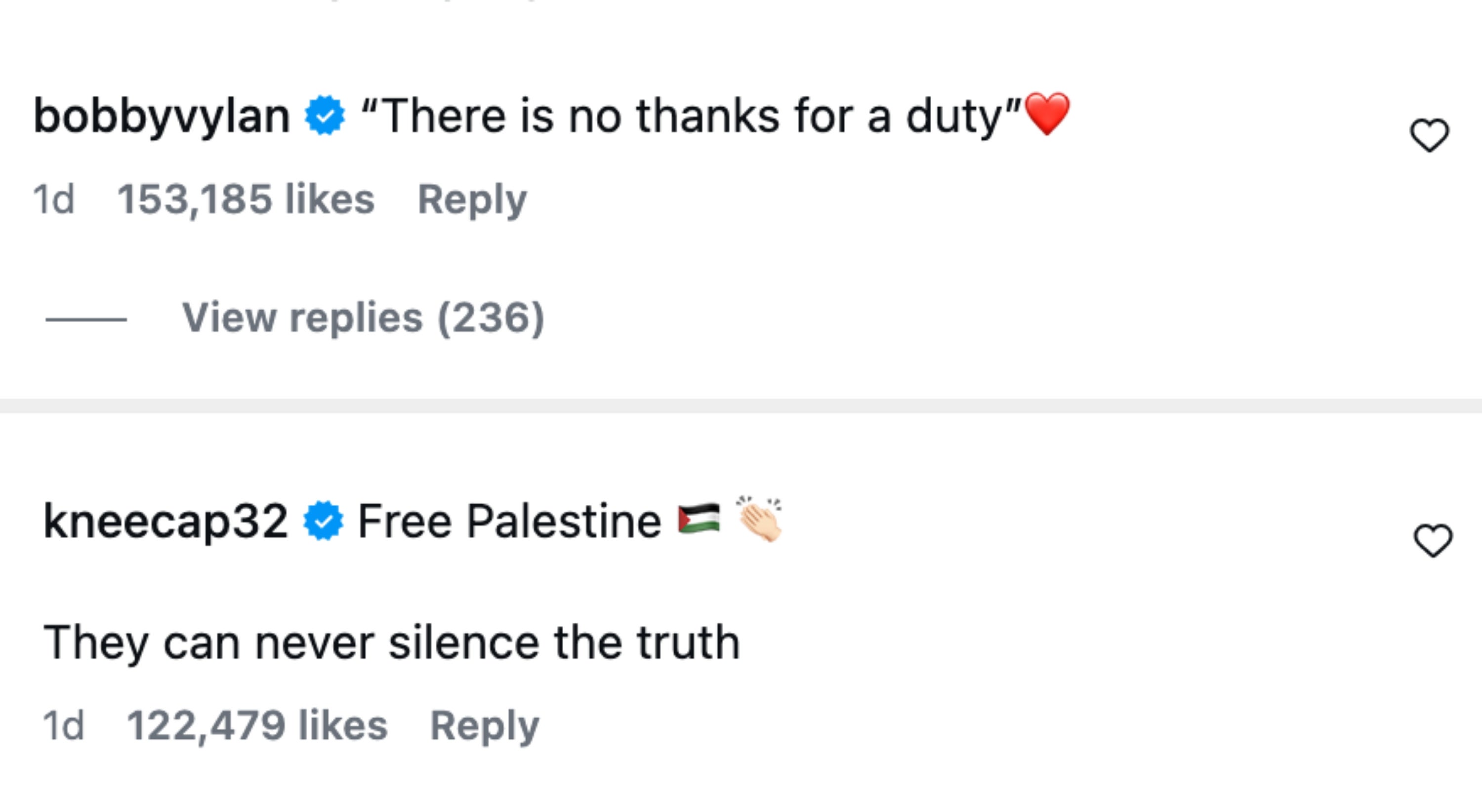 Kommentarer fra sosiale medier fra Bob Vylan og kneskål som støtter Palestina