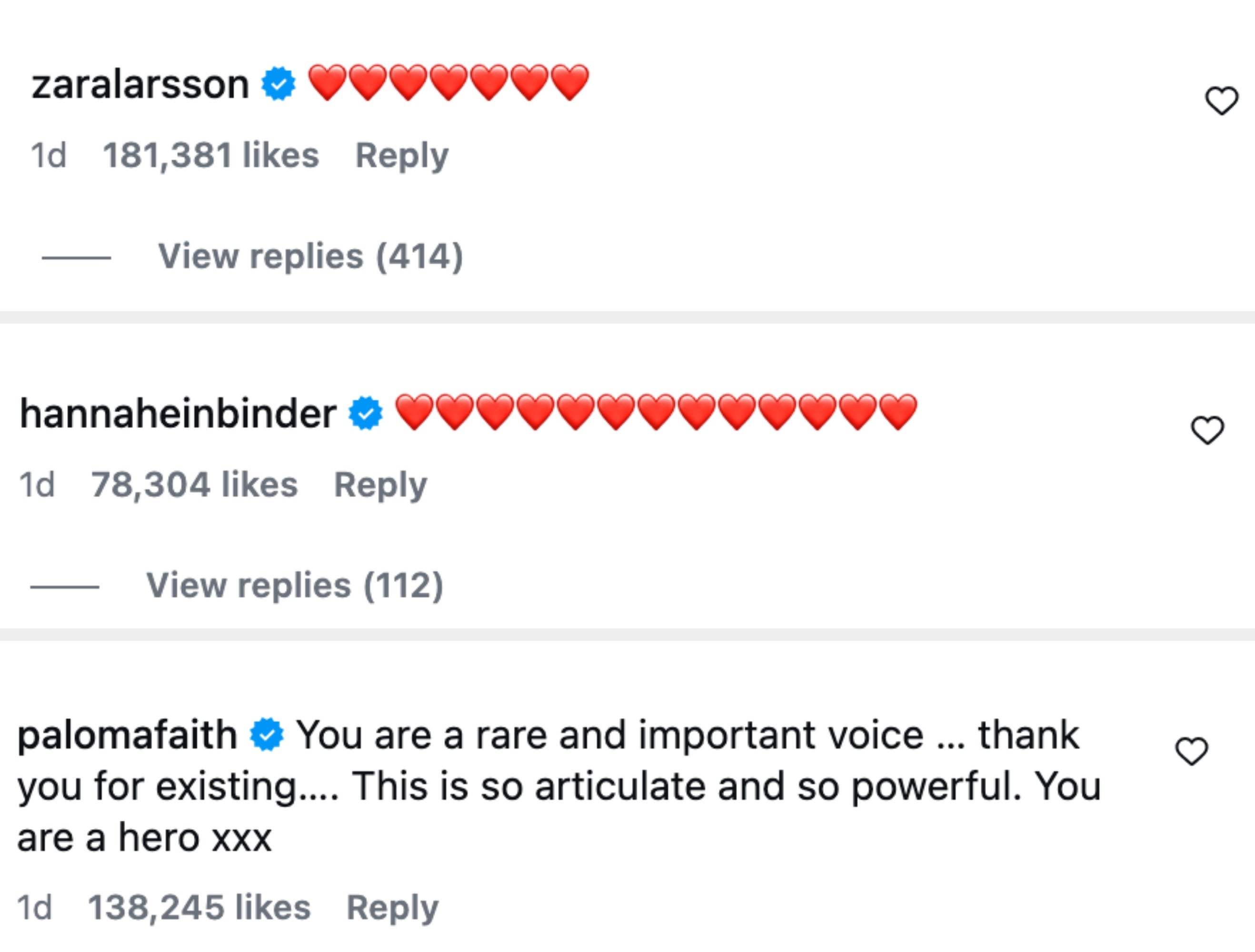 Kommentarer fra sosiale medier fra Zara Larsson, Hannah Einbinder og Paloma Faith som berømmer Mackelmore