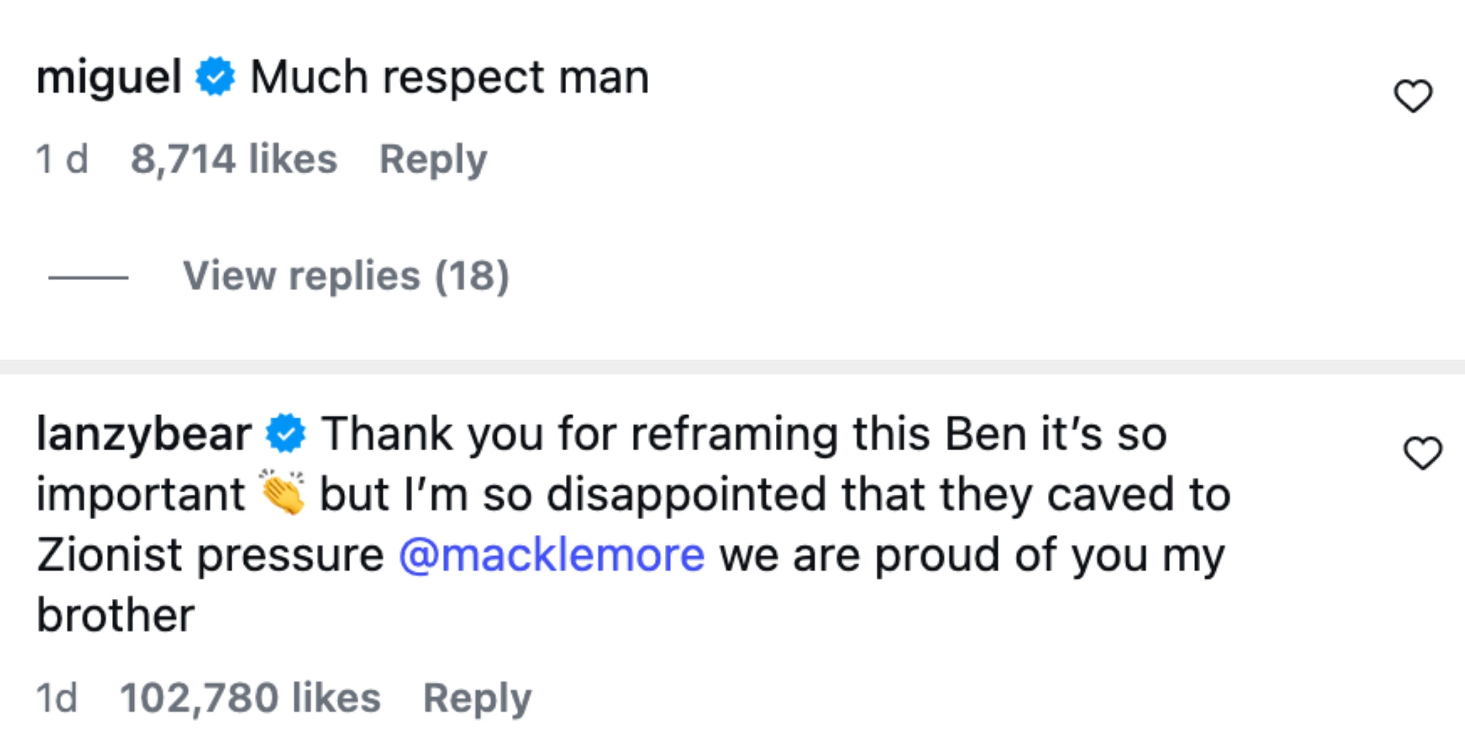 Kommentarer som støtter Macklemore