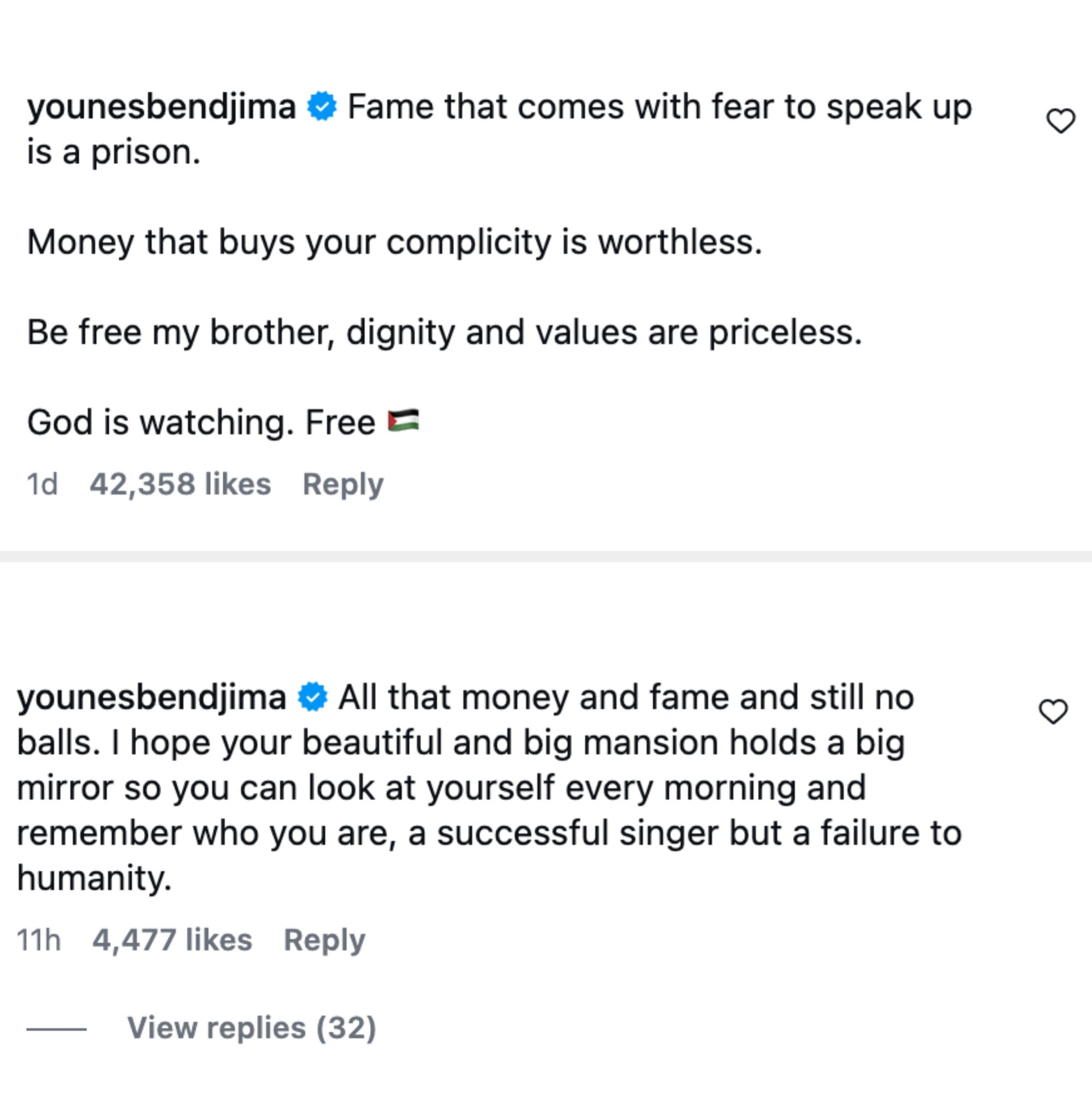 Kommentarer fra Younes Bendjima som støtter Macklemore og kritiserer Ed