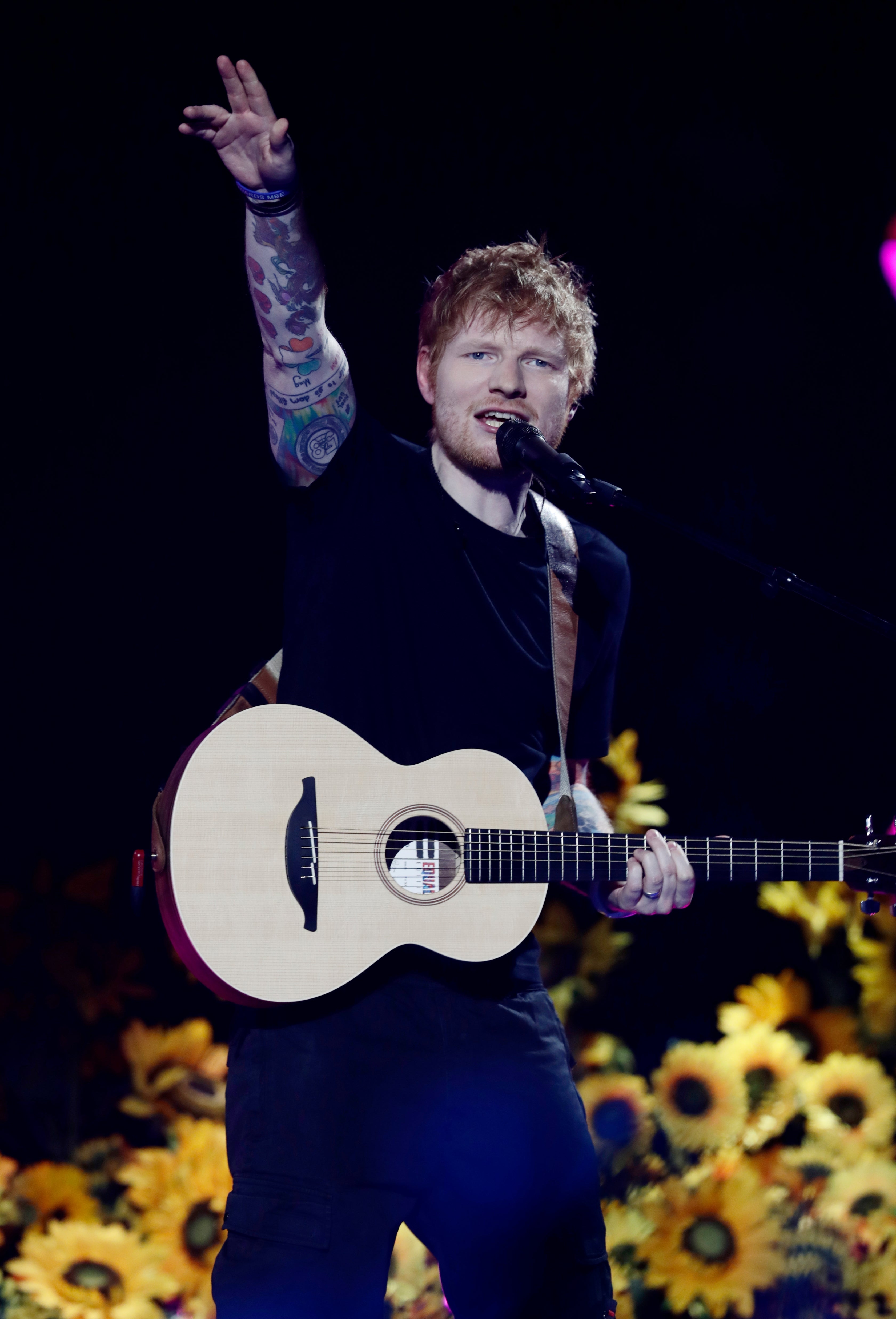 Ed opptrer på scenen med en gitar, omgitt av solsikker