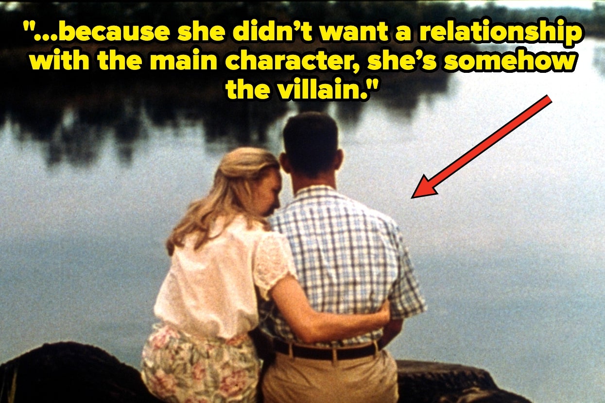 Scene from a film with a quote: "...because she didn’t want a relationship with the main character, she’s somehow the villain."