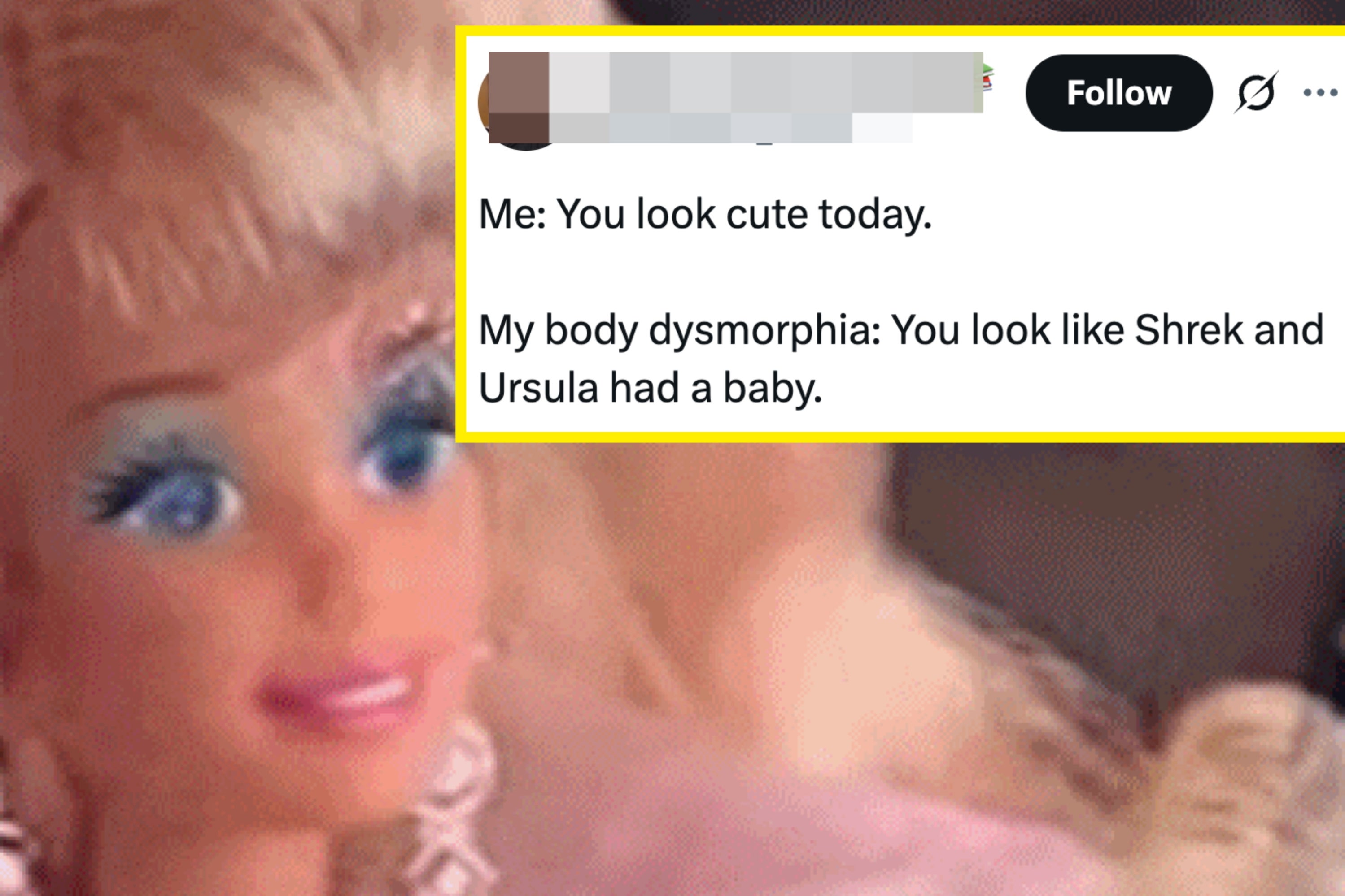A close-up of a doll with styled hair and makeup, next to an image of an eye with similar makeup, reflecting the doll's appearance