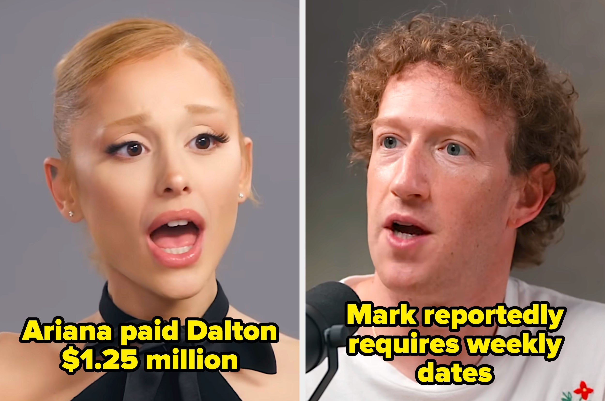 Two side-by-side images: a woman speaking and a man with curly hair talking. Captions mention payments and weekly dates
