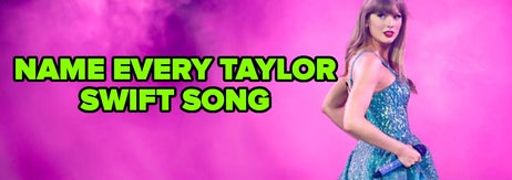 Person in a sparkling gown holding a microphone, with overlay text: "Name Every Taylor Swift Song."