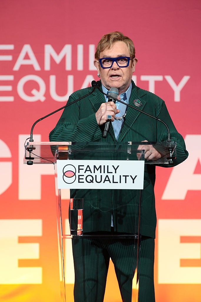 Person in a striped suit speaking at a podium with "Family Equality" logo and text backdrop