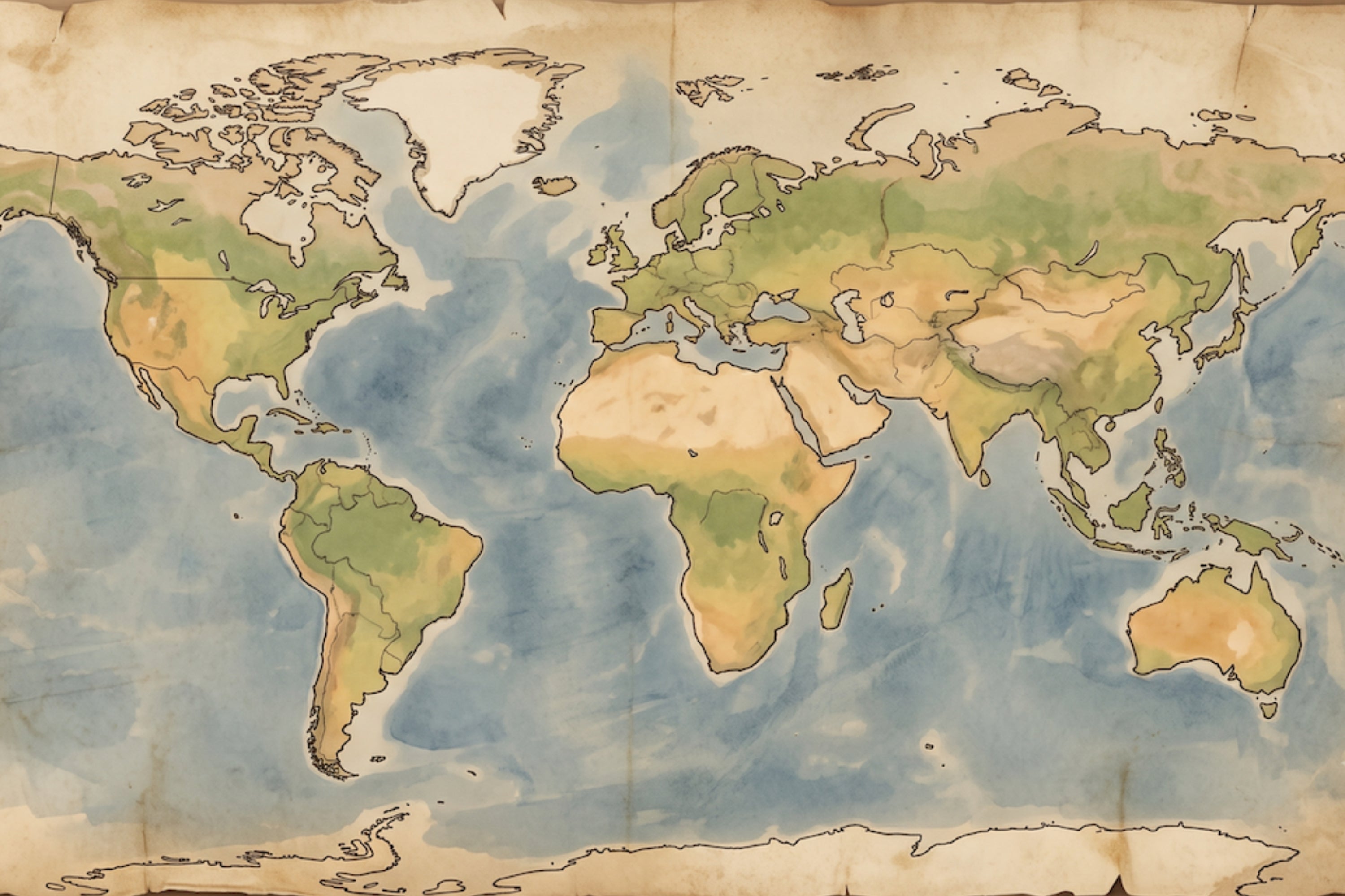 Illustrated world map with icons representing game elements: shield in North America and gear in Europe among various landscapes