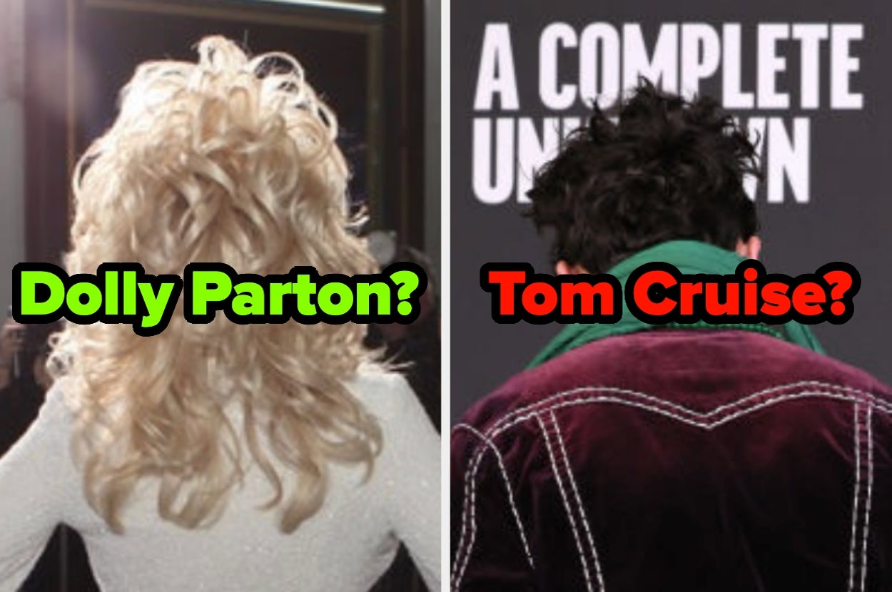 Two individuals from behind; left has voluminous hair, right wears a velvet jacket. Signs suggest "Dolly Parton?" and "Tom Cruise?"