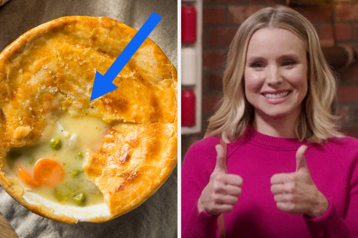 Split image of a flaky pot pie with a blue arrow pointing at it and Kristen Bell with her thumbs up