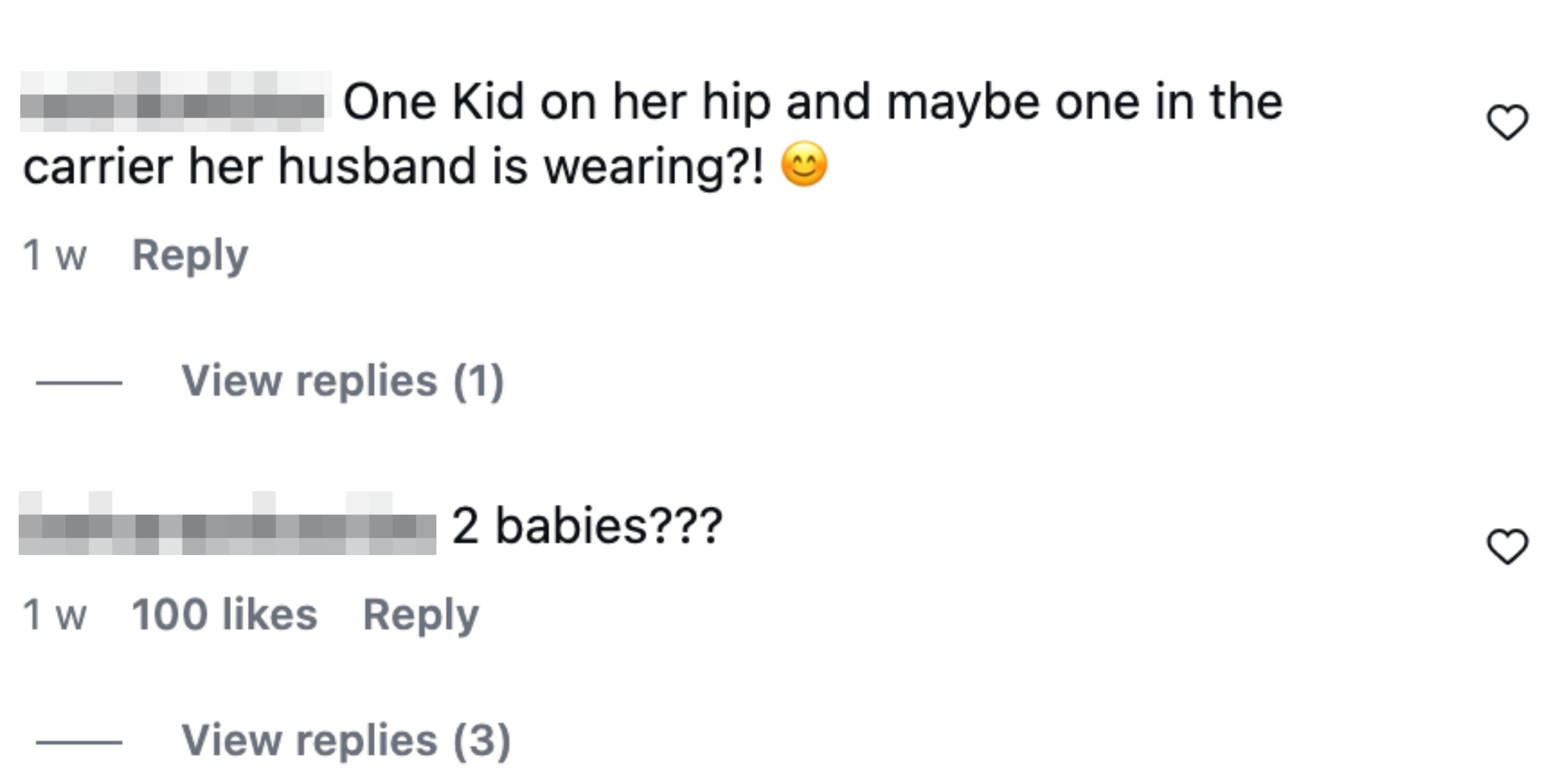 Comments questioning if Millie and Jake are carrying two babies