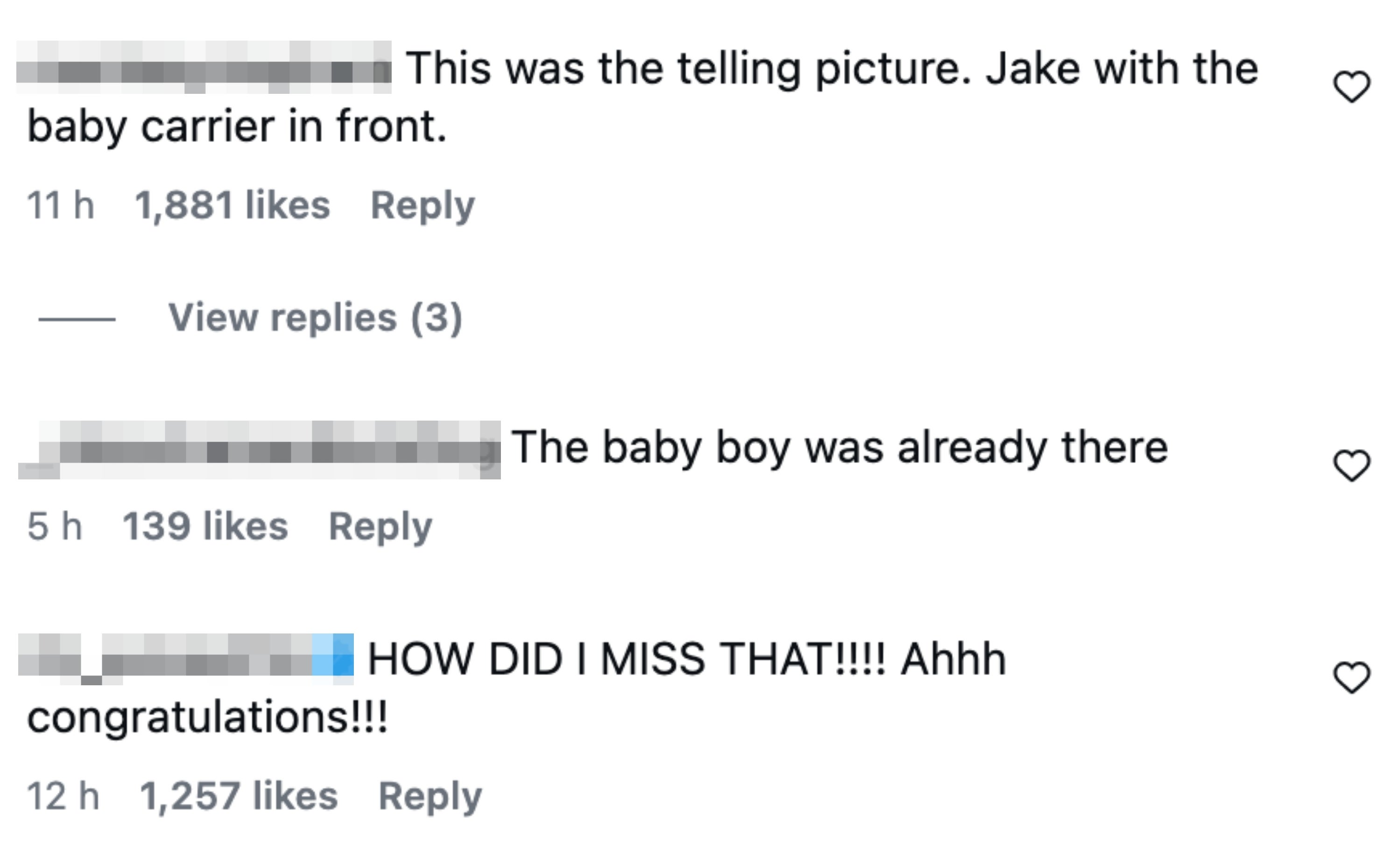 Comments about a revealing photo with a baby carrier. Users express surprise and congratulate Jake
