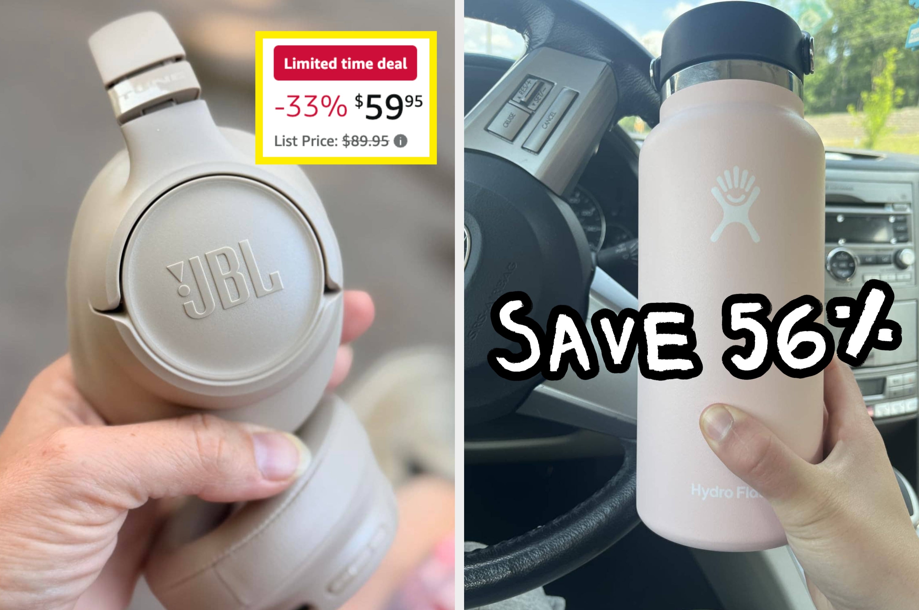 JBL headphones with a 33% discount to $59.95, originally $89.95, and a Hydro Flask with a 61% discount shown