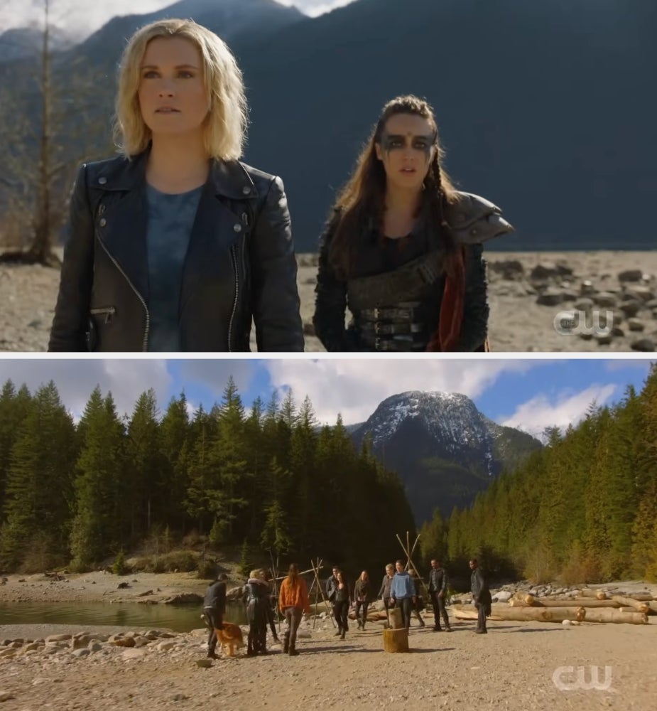 Two people stand outdoors in rugged clothing atop a rocky area with mountains in the background; a group stands together by a riverbank below