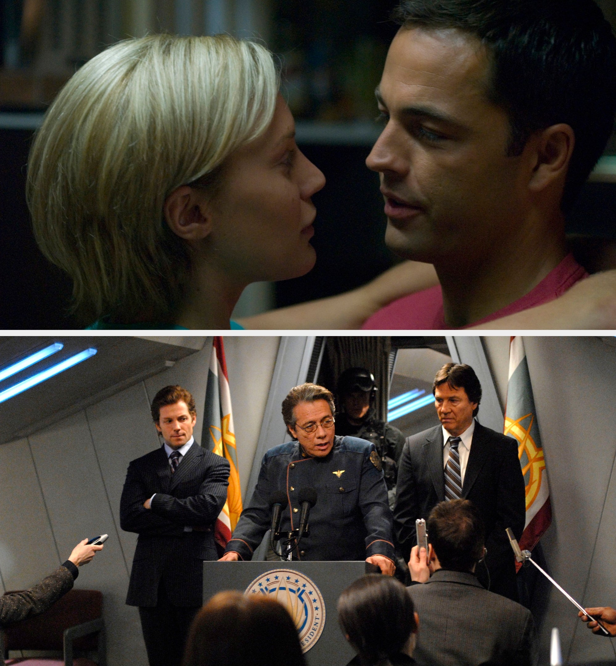 Two actors in sci-fi space uniforms face each other intently on a spaceship set, hinting at a tense or emotional scene
