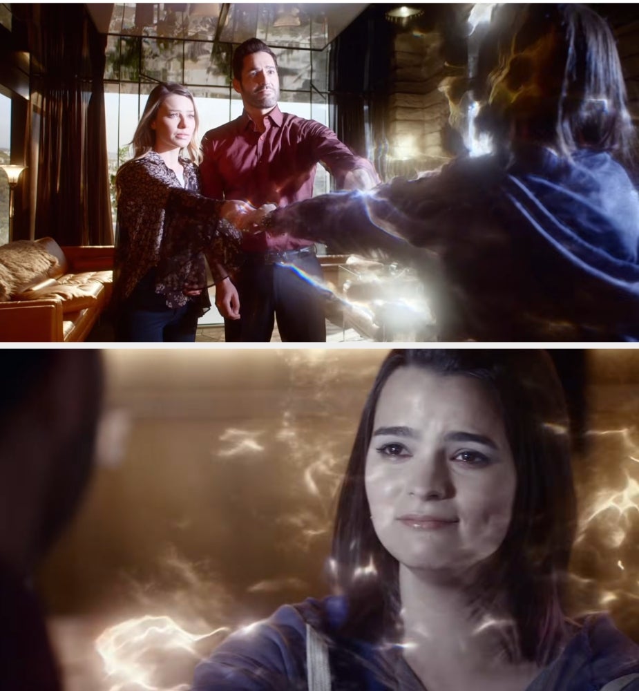 Scene from a TV show with two people holding a woman's hands as energy flows between them, conveying a dramatic or supernatural moment