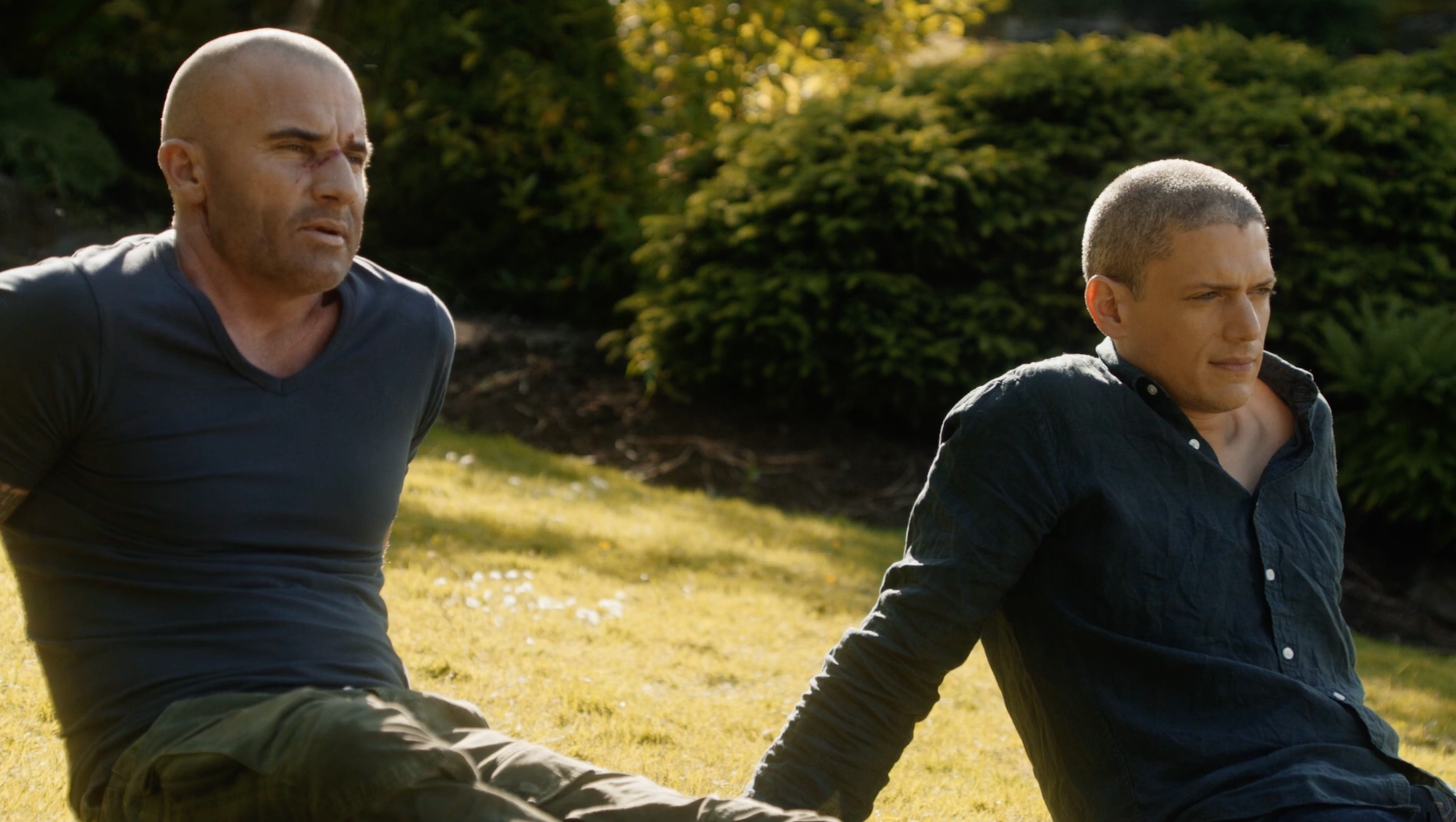 Two men sit on a lawn, appearing thoughtful. Lush greenery surrounds them, suggesting an outdoor scene