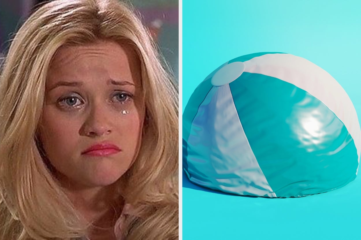 Split image: Elle Woods from Legally Blonde with a tearful expression on the left; deflated blue and white beach ball on the right