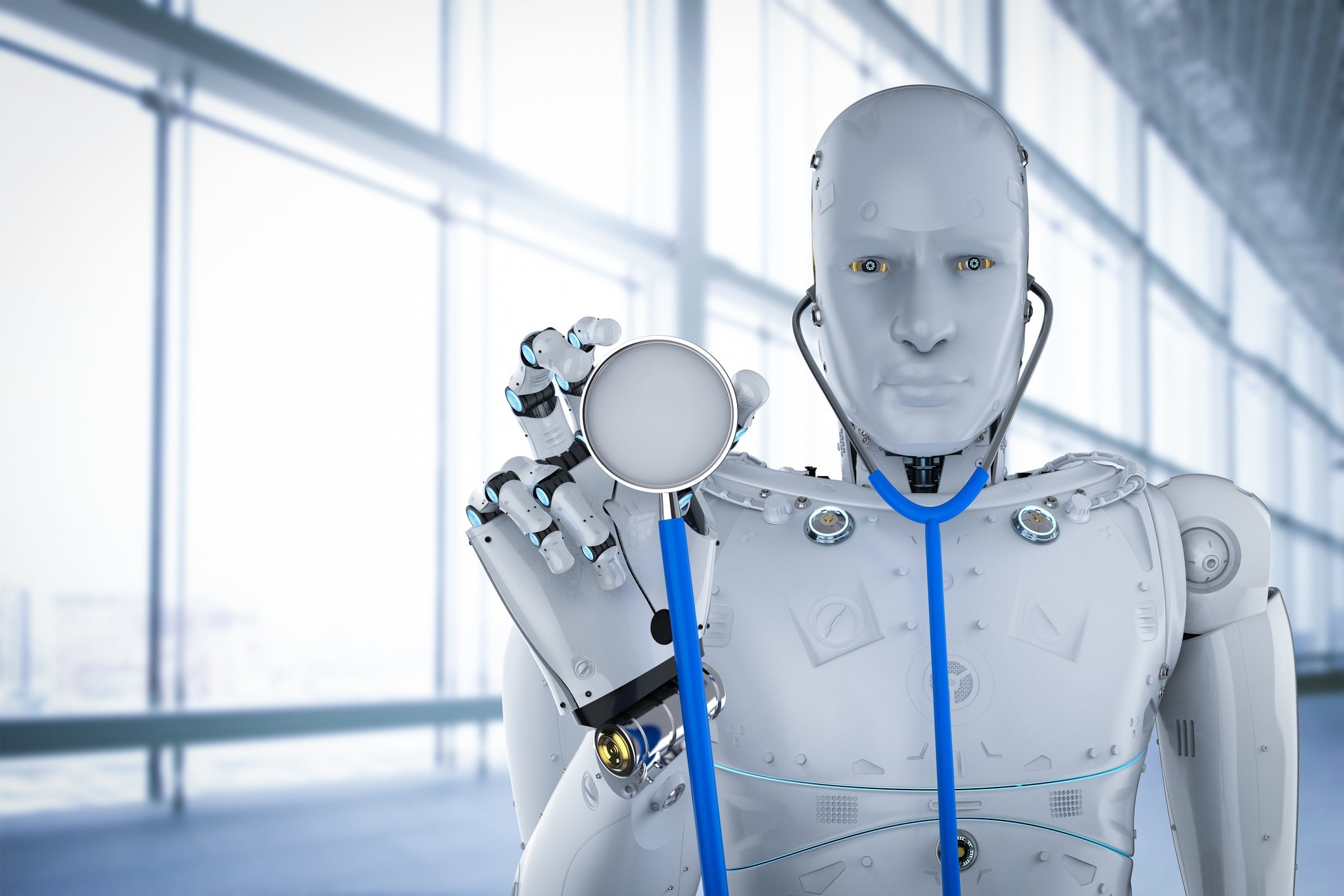 En menneskelig robot som holder et stetoskop